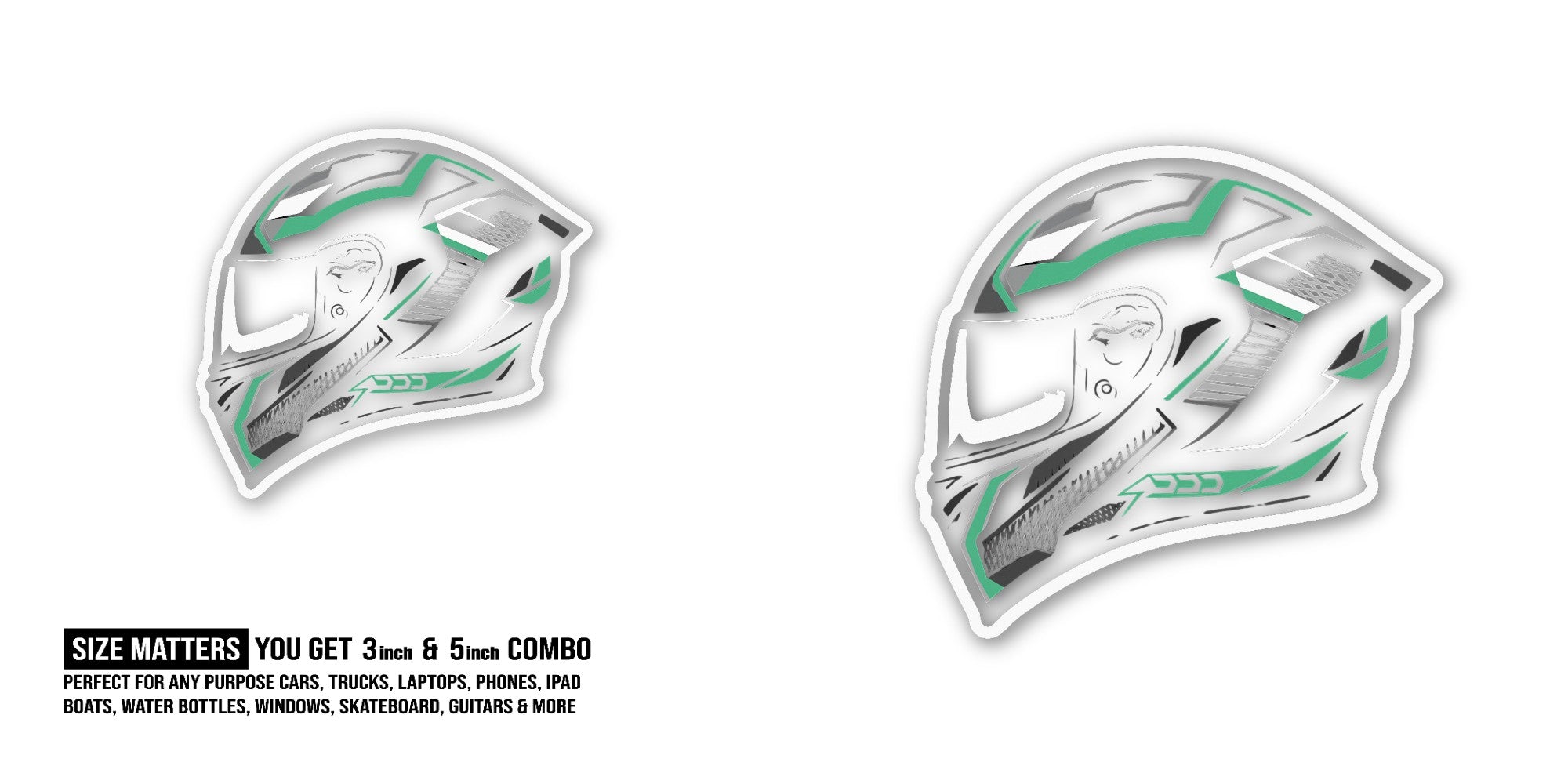 White & Green Motorcycle Helmet Sticker, Waterproof Vinyl Decal Sticker Indoor Or Outdoor 2 (Pieces) 3" and 5"