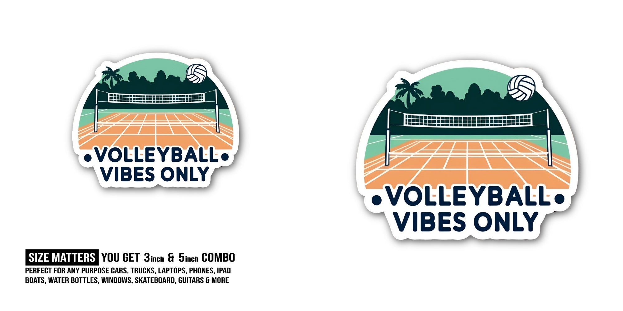 VOLLEYBALL VIBES ONLY Sticker, Waterproof Vinyl Decal Sticker Indoor Or Outdoor 2 (Pieces) 3" and 5"