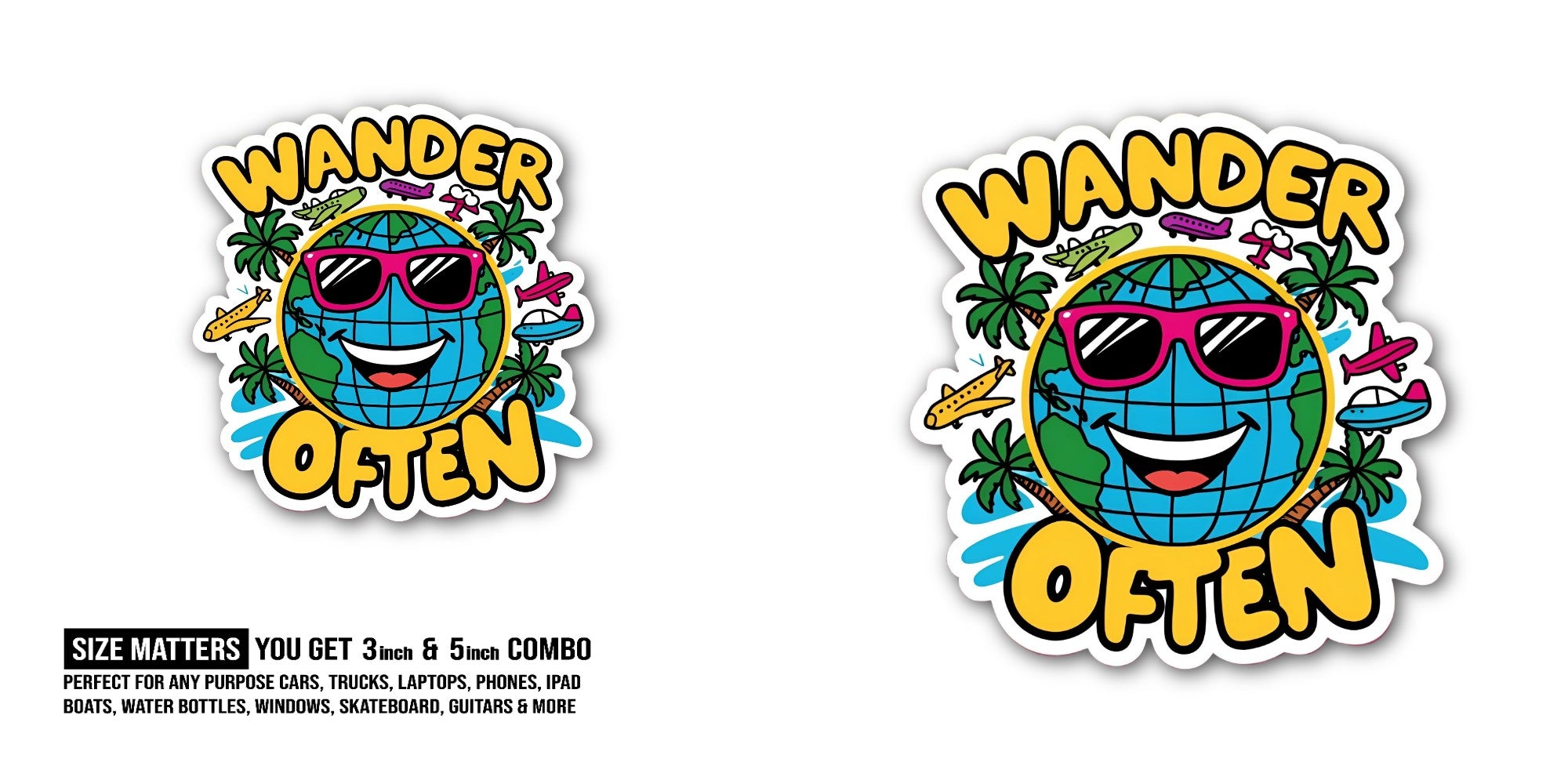 WANDER OFTEN Sticker, Waterproof Vinyl Decal Sticker Indoor Or Outdoor 2 (Pieces) 3" and 5"