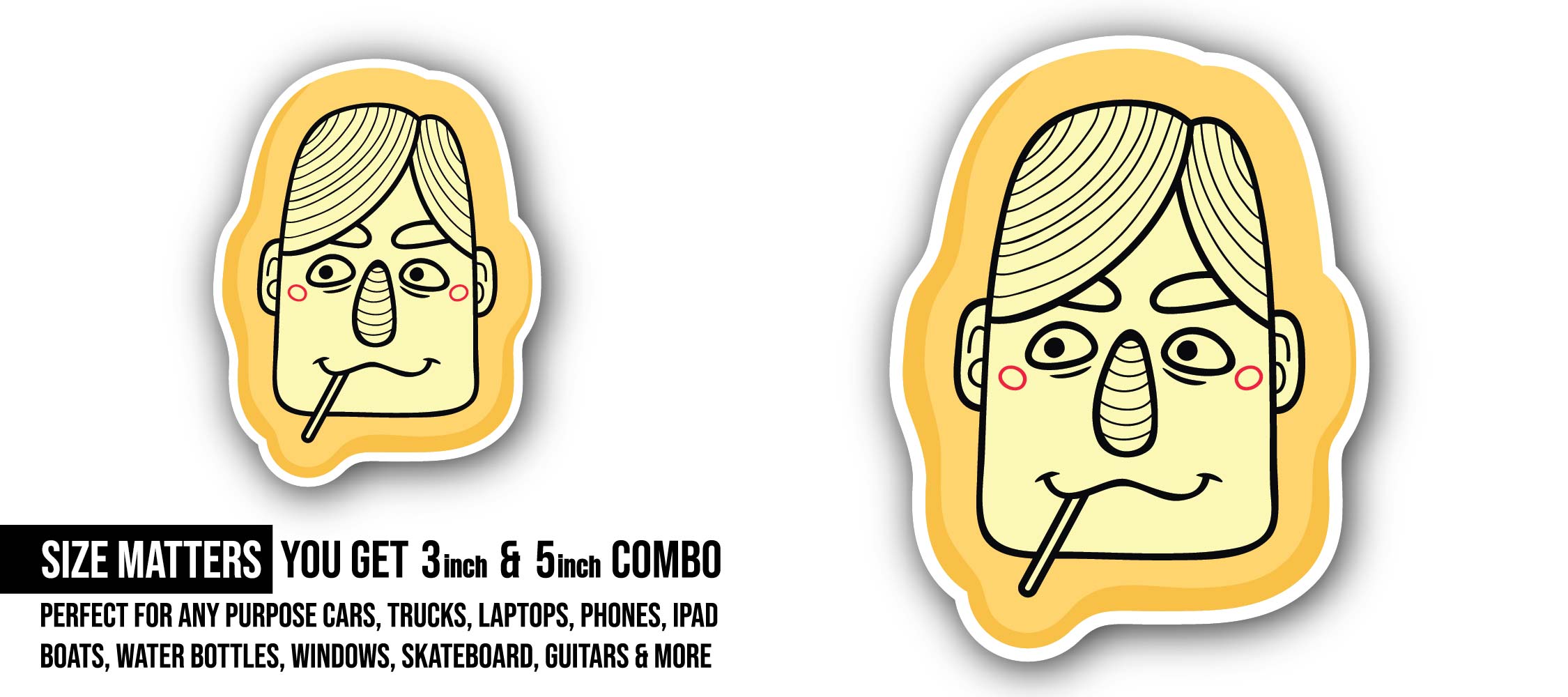 Funny Man Face Sticker, Waterproof Vinyl Decal Sticker Indoor Or Outdoor 2 (Pieces) 3" and 5"