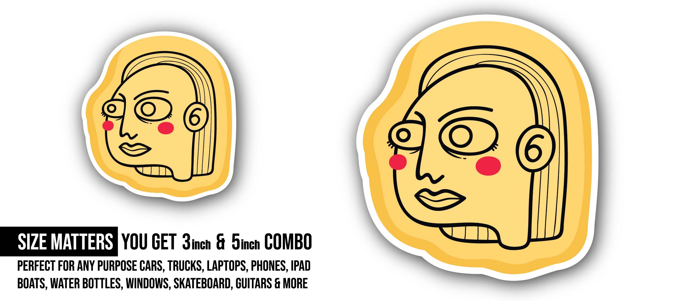 Doodle Girl Art Sticker, Waterproof Vinyl Decal Sticker Indoor Or Outdoor 2 (Pieces) 3" and 5"