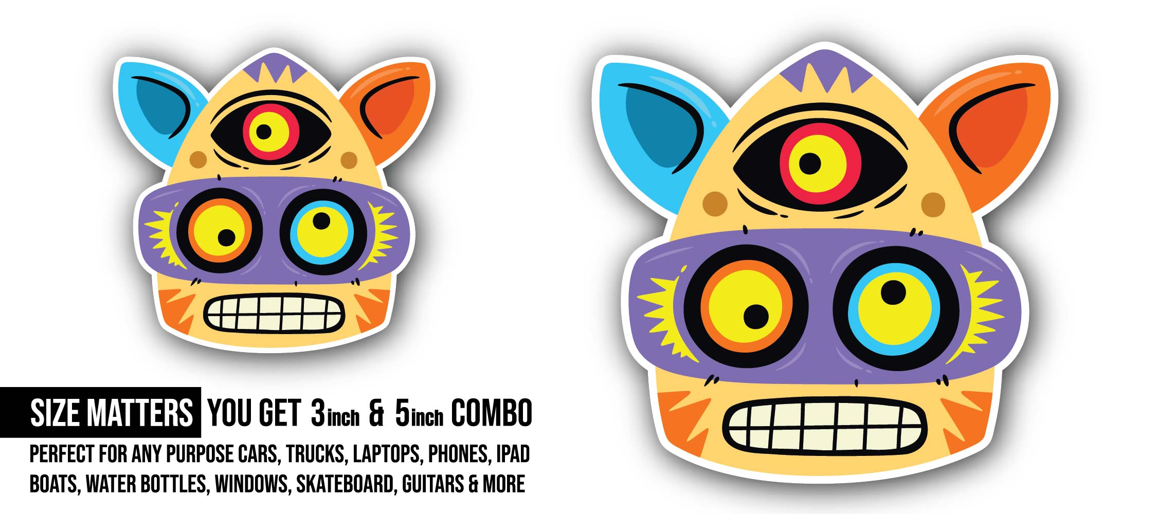 The Monster with Three Eyes Sticker, Waterproof Vinyl Decal Sticker Indoor Or Outdoor 2 (Pieces) 3" and 5"