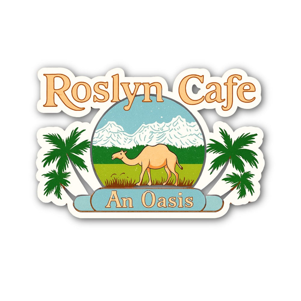 Roslyn Cafe An Oasis Sticker, Waterproof Vinyl Decal Sticker Indoor Or Outdoor 2 (Pieces) 3" and 5"