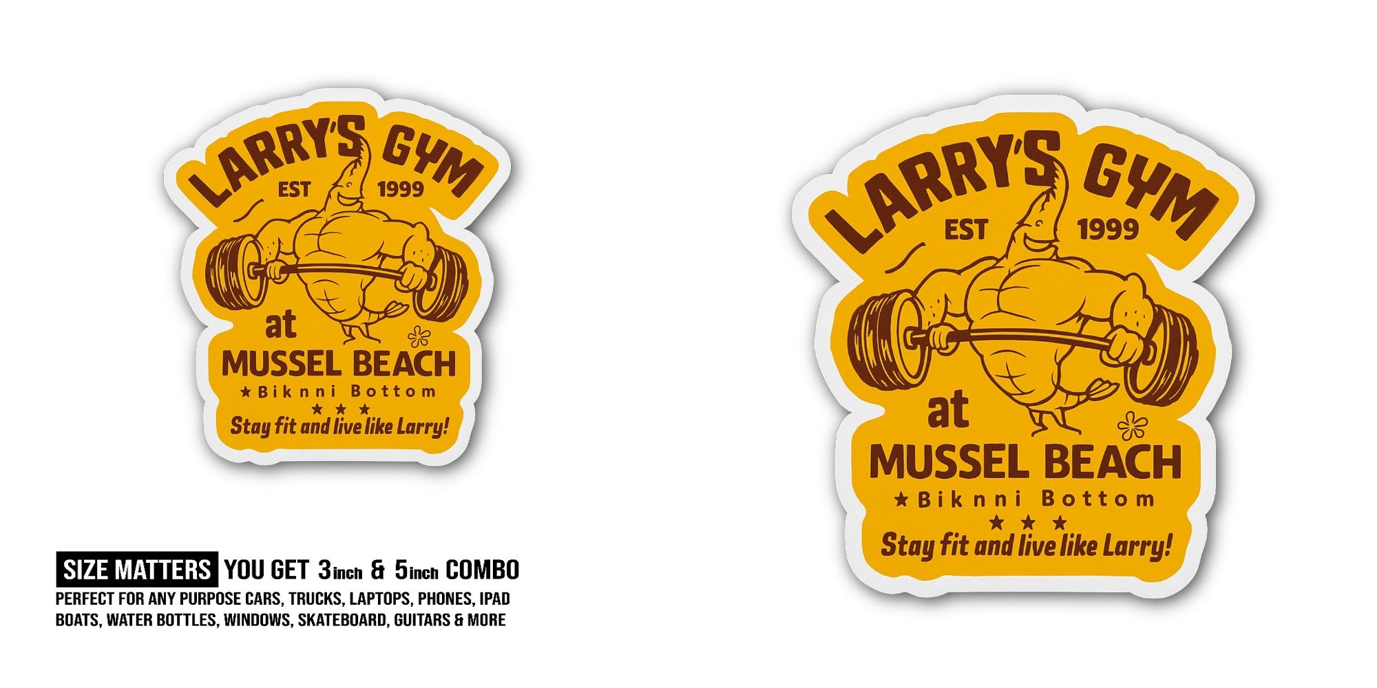 LARRY'S GYM Sticker, Waterproof Vinyl Decal Sticker Indoor Or Outdoor 2 (Pieces) 3" and 5"