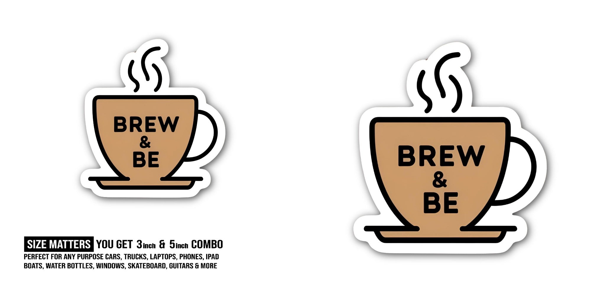 Brew Love coffee cup Sticker, Waterproof Vinyl Decal Sticker Indoor Or Outdoor 2 (Pieces) 3" and 5"