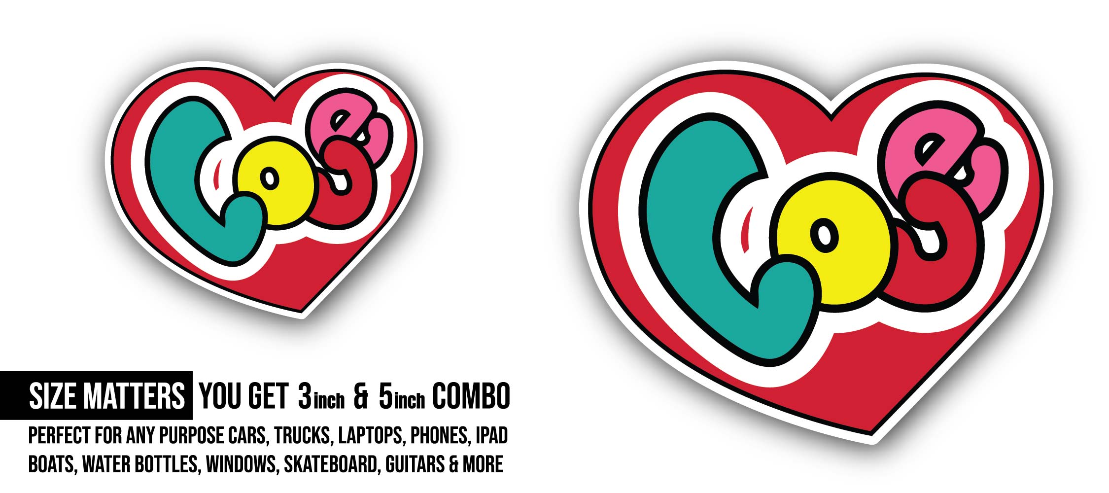 Love Heart Sticker, Waterproof Vinyl Decal Sticker Indoor Or Outdoor 2 (Pieces) 3" and 5"