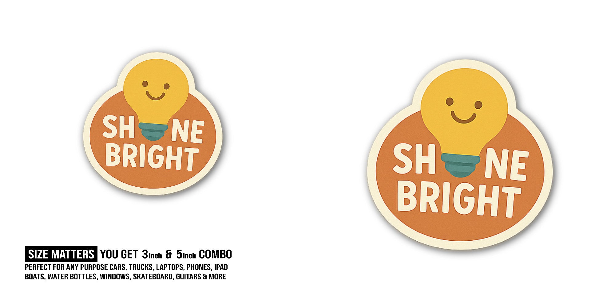 Shine Bright With Cute Light Bulb  Sticker, Waterproof Vinyl Decal Sticker Indoor Or Outdoor 2 (Pieces) 3" and 5"