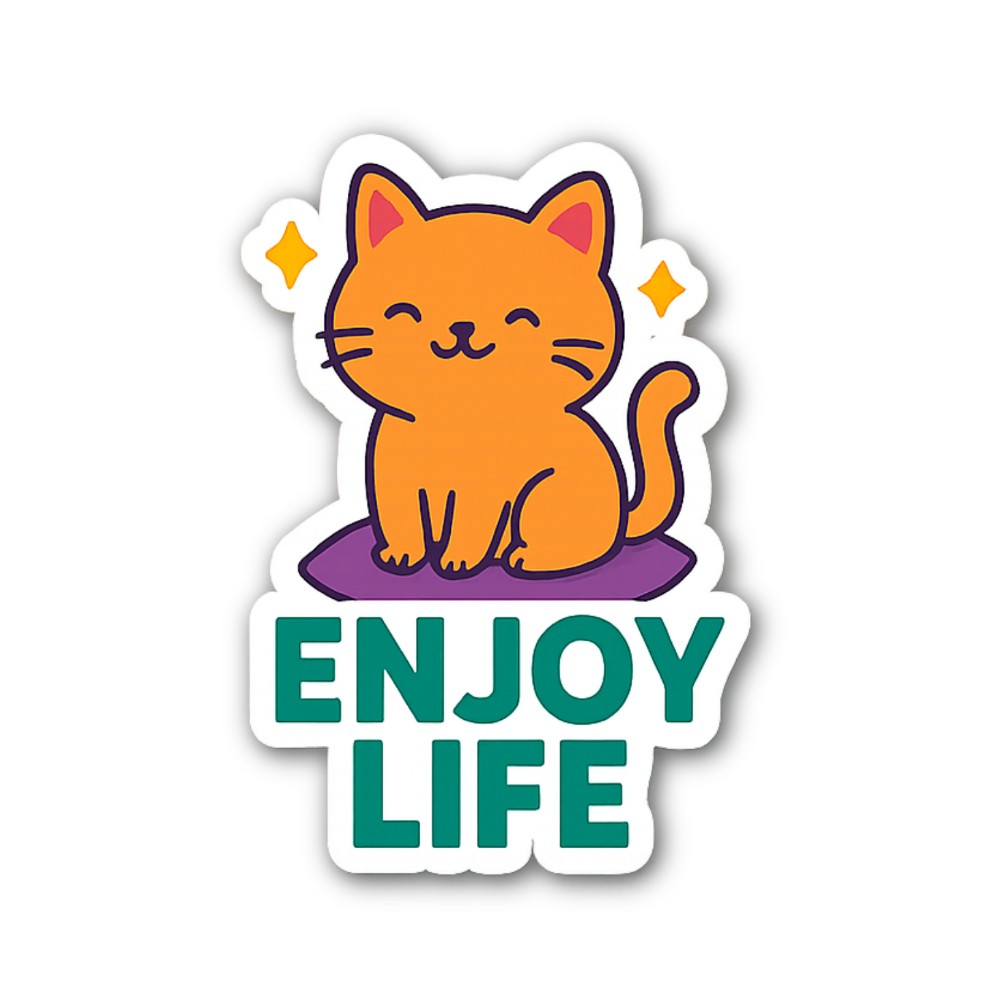 ENJOY LIFE With Cute Cat Sticker, Waterproof Vinyl Decal Sticker Indoor Or Outdoor 2 (Pieces) 3" and 5"