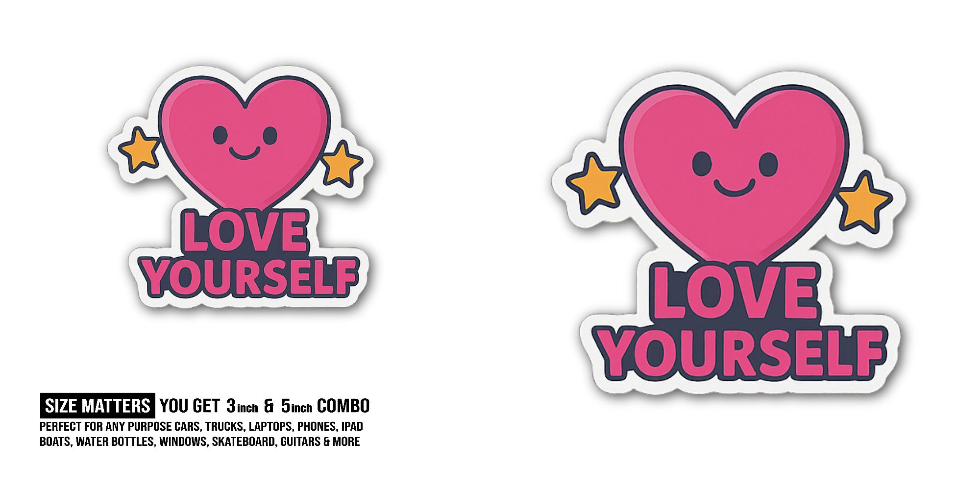 Smile Hreart Sticker, Waterproof Vinyl Decal Sticker Indoor Or Outdoor 2 (Pieces) 3" and 5"