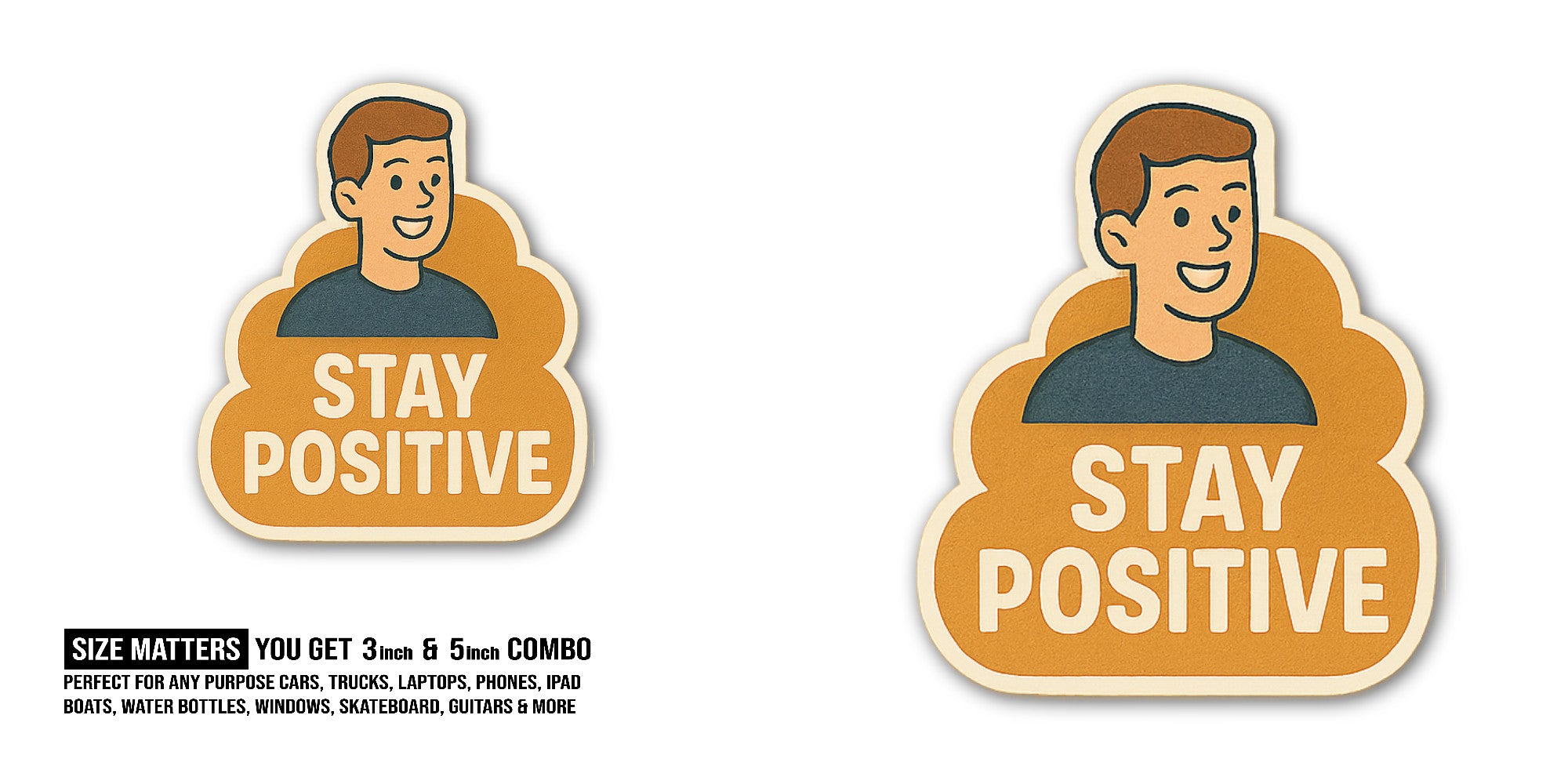 Smiling Boy Sticker, Waterproof Vinyl Decal Sticker Indoor Or Outdoor 2 (Pieces) 3" and 5"