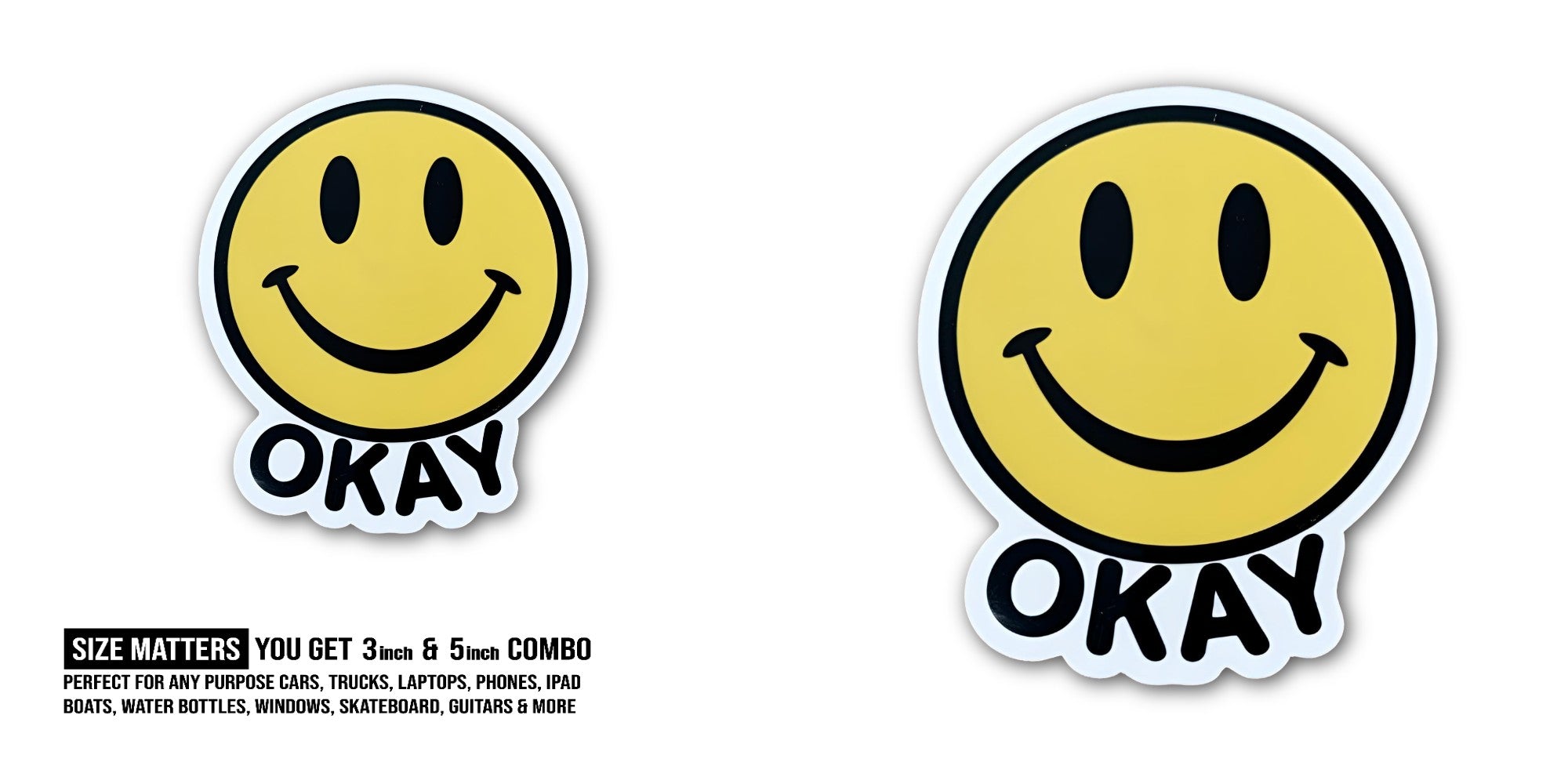 Yellow colour Smile Face Sticker, Waterproof Vinyl Decal Sticker Indoor Or Outdoor 2 (Pieces) 3" and 5"