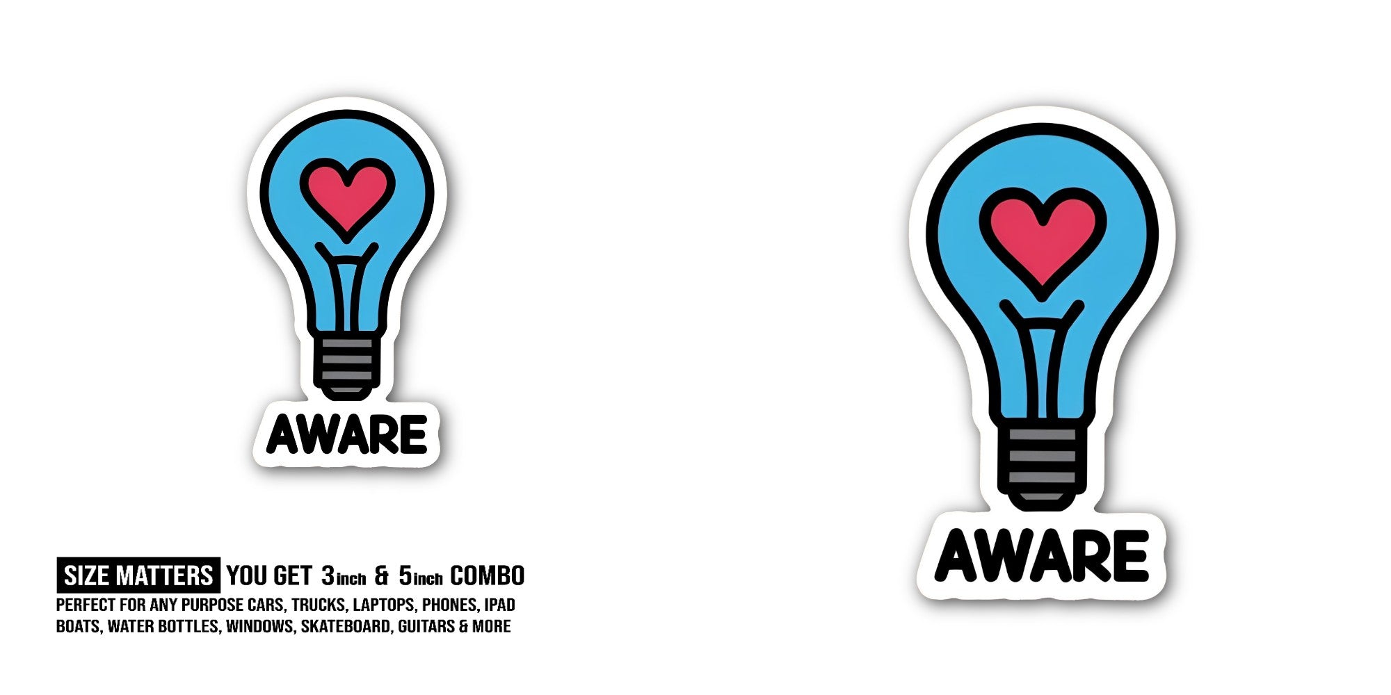 AWARE Blue Colour Light bulb Sticker, Waterproof Vinyl Decal Sticker Indoor Or Outdoor 2 (Pieces) 3" and 5"