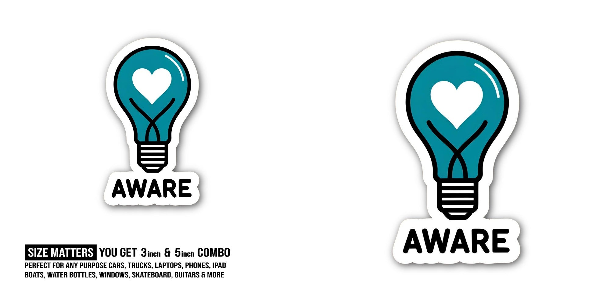 AWARE Heart Lightbulb Sticker, Waterproof Vinyl Decal Sticker Indoor Or Outdoor 2 (Pieces) 3" and 5"