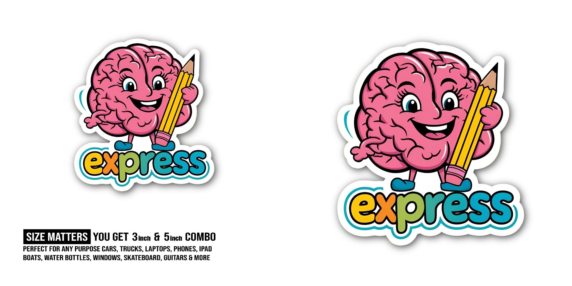 Express Cute Brain Sticker, Waterproof Vinyl Decal Sticker Indoor Or Outdoor 2 (Pieces) 3" and 5"