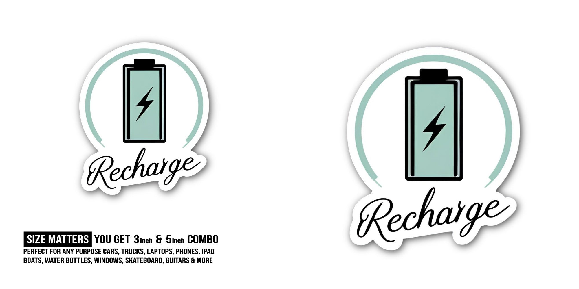 Recharge Colourful Battery Sticker, Waterproof Vinyl Decal Sticker Indoor Or Outdoor 2 (Pieces) 3" and 5"