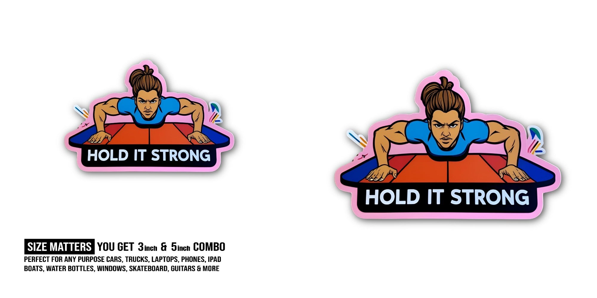 HOLD IT STRONG Man Sticker, Waterproof Vinyl Decal Sticker Indoor Or Outdoor 2 (Pieces) 3" and 5"