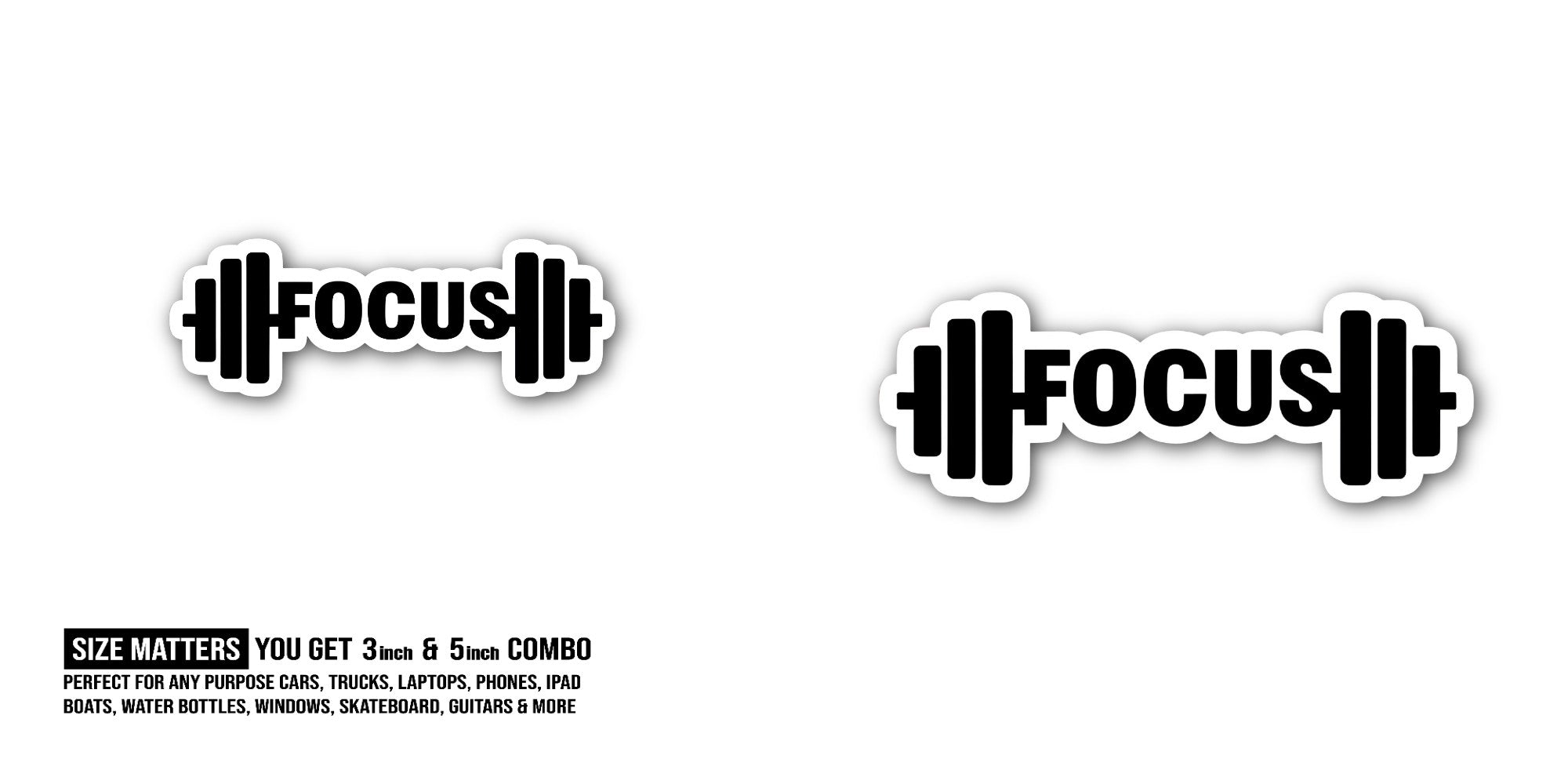 FOCUS Black Dumbbell Sticker, Waterproof Vinyl Decal Sticker Indoor Or Outdoor 2 (Pieces) 3" and 5"