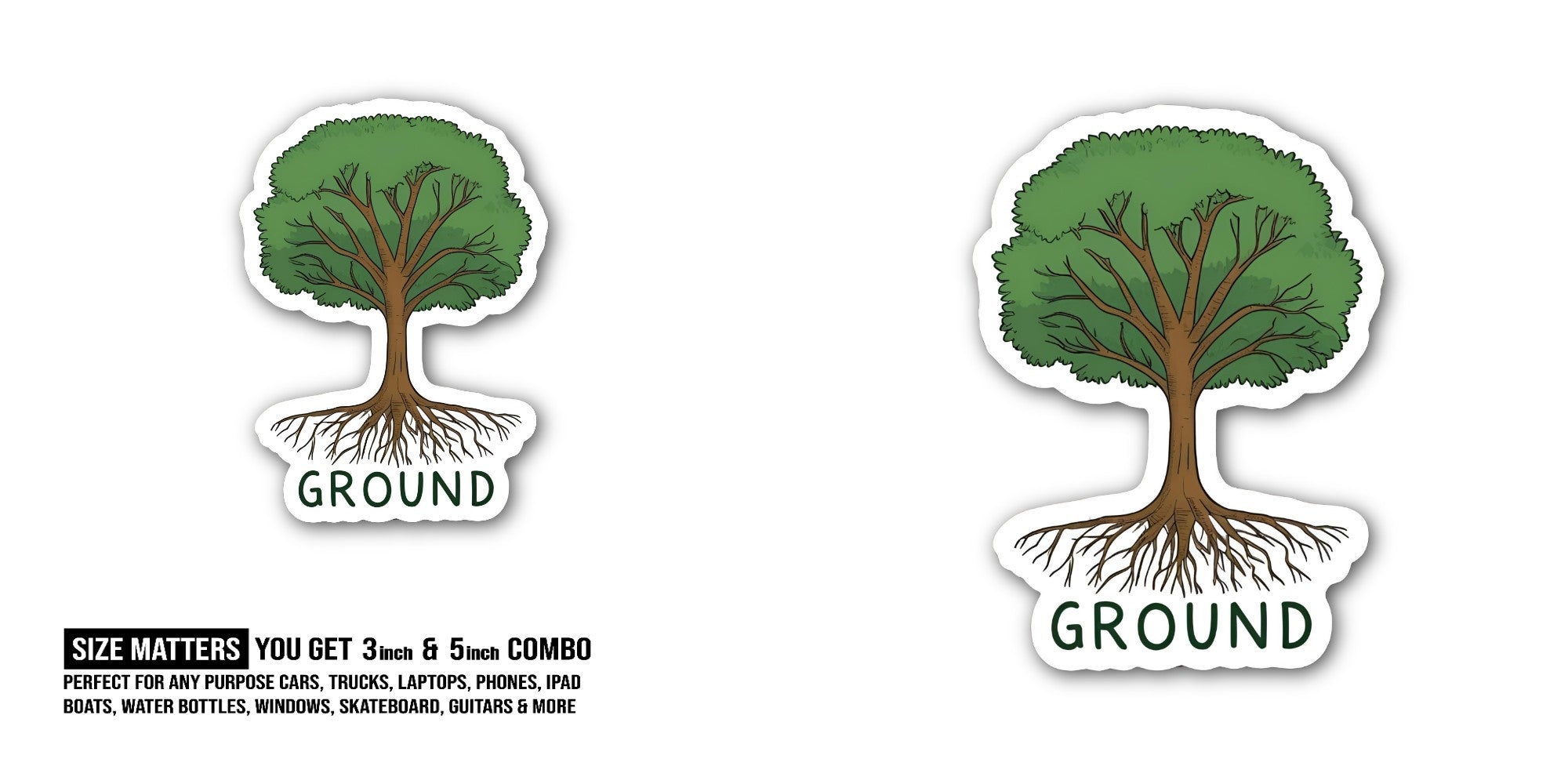 GROUND Tree and roots Sticker, Waterproof Vinyl Decal Sticker Indoor Or Outdoor 2 (Pieces) 3" and 5"