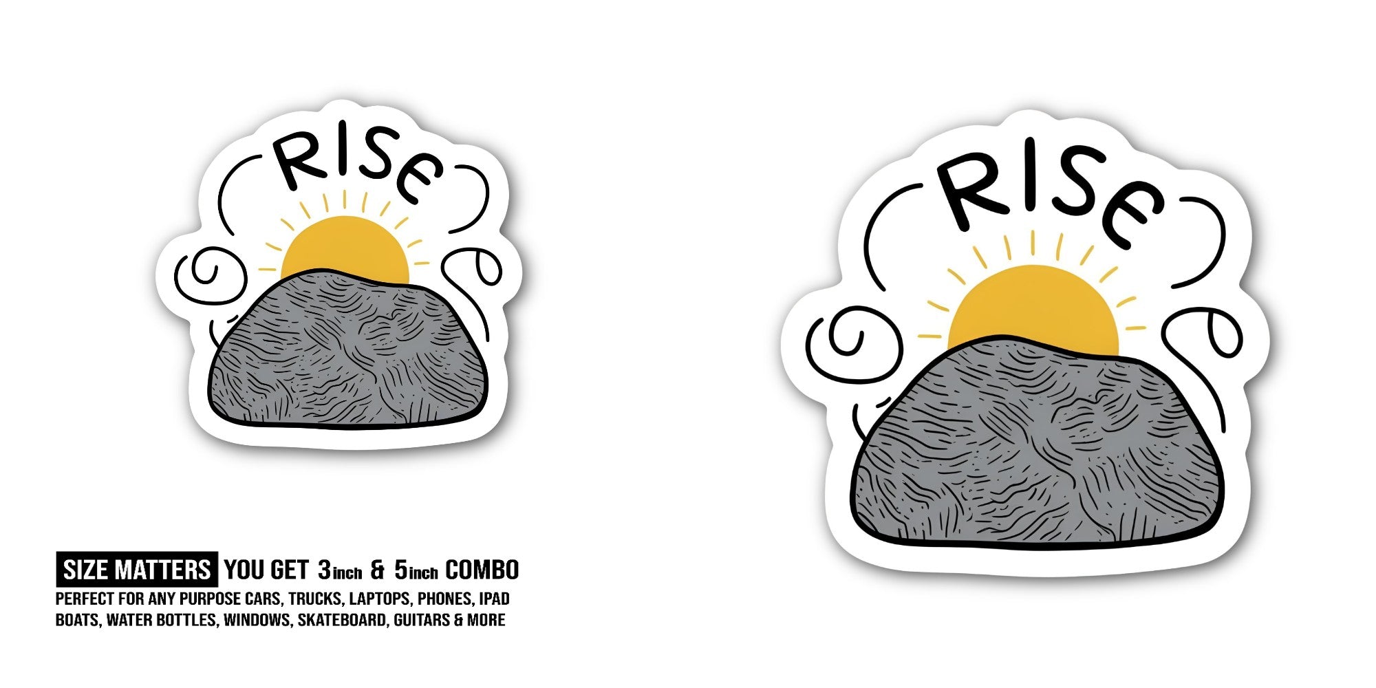 RISE Cute Sun & Stone Sticker, Waterproof Vinyl Decal Sticker Indoor Or Outdoor 2 (Pieces) 3" and 5"