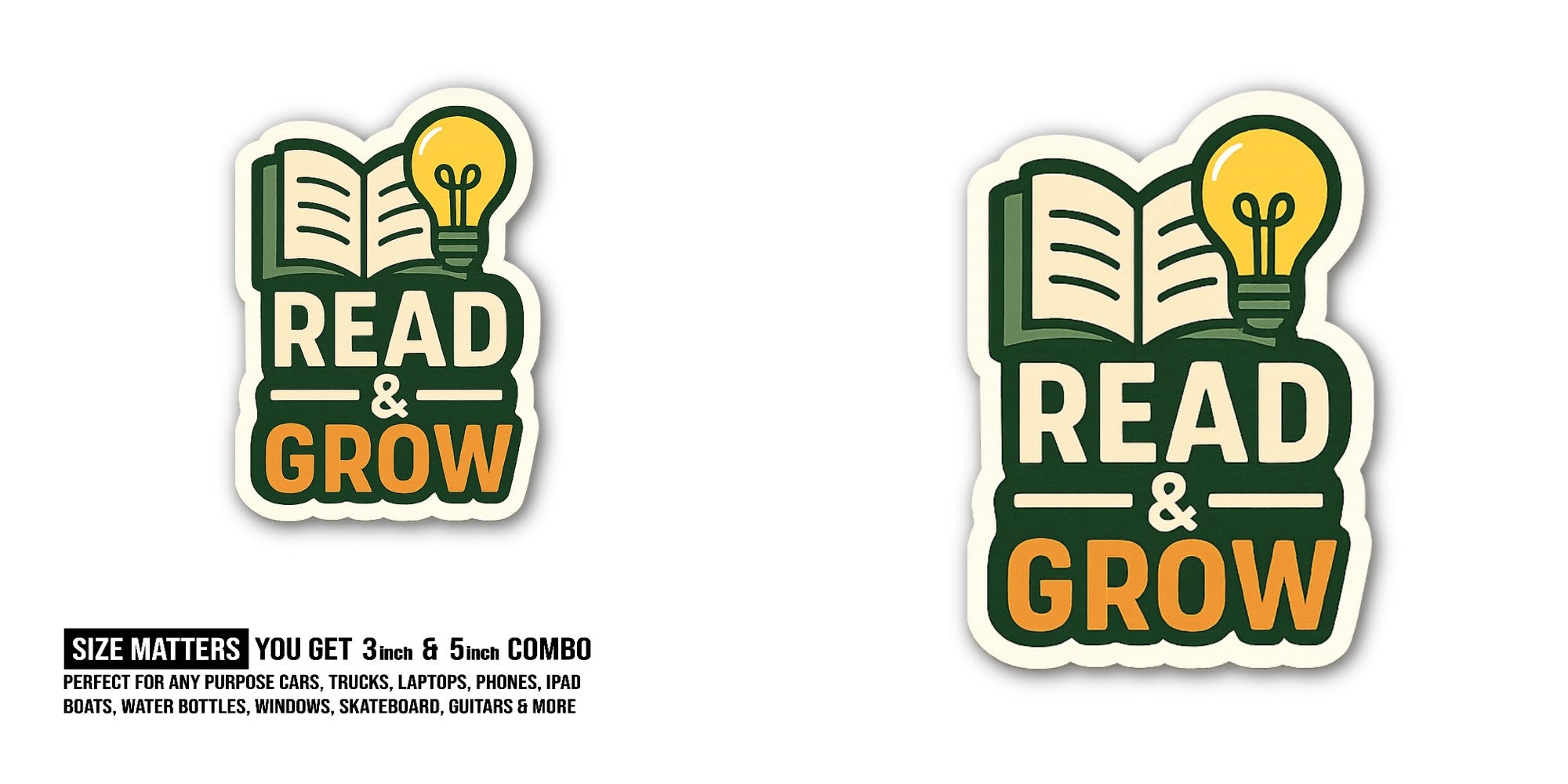 READ &-GROW Sticker, Waterproof Vinyl Decal Sticker Indoor Or Outdoor 2 (Pieces) 3" and 5"