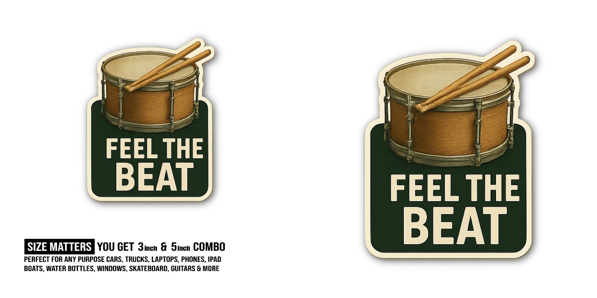FEEL THE BEAT Sticker, Waterproof Vinyl Decal Sticker Indoor Or Outdoor 2 (Pieces) 3" and 5"