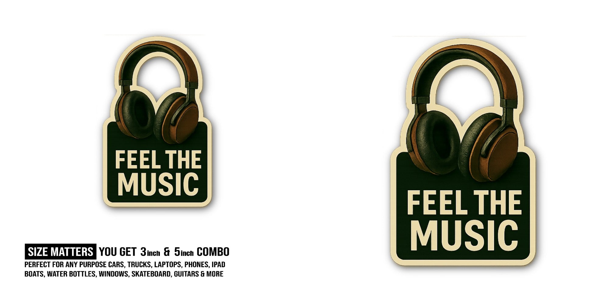 FEEL THE MUSIC Sticker, Waterproof Vinyl Decal Sticker Indoor Or Outdoor 2 (Pieces) 3" and 5"