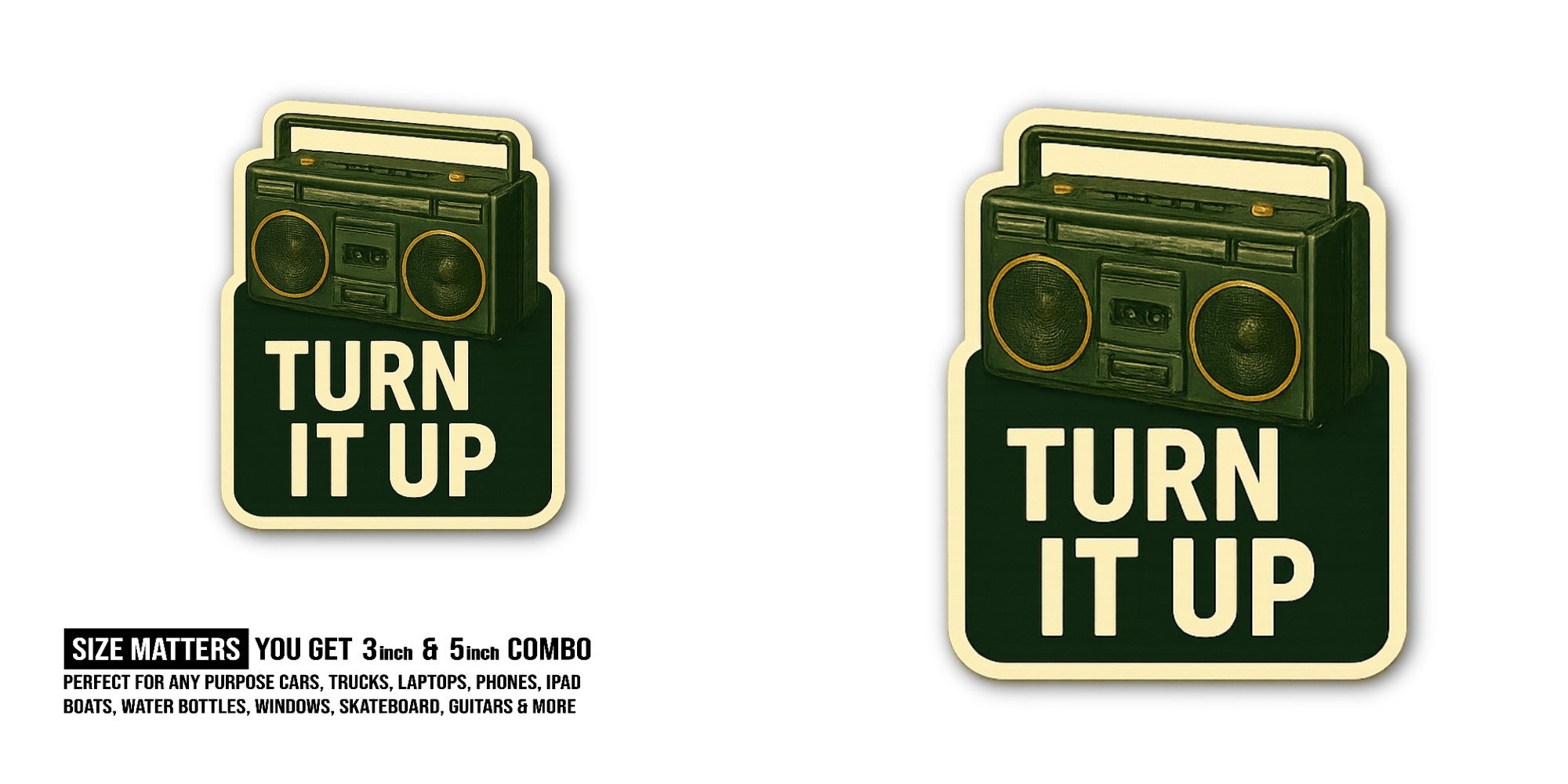 TURN IT UP & REDIO  Sticker, Waterproof Vinyl Decal Sticker Indoor Or Outdoor 2 (Pieces) 3" and 5"