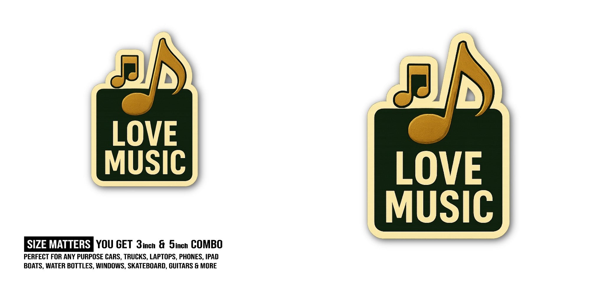 LOVE MUSIC & GOLD MUSIC ICON Sticker, Waterproof Vinyl Decal Sticker Indoor Or Outdoor 2 (Pieces) 3" and 5"