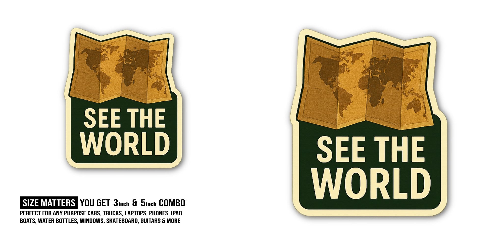 See The World Map Sticker, Waterproof Vinyl Decal Sticker Indoor Or Outdoor 2 (Pieces) 3" and 5"