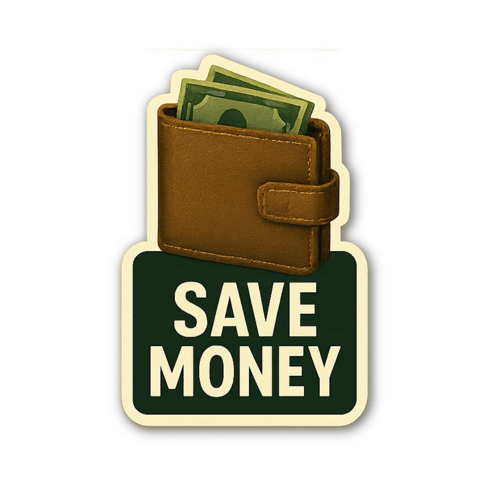 Wallet with money save text Sticker, Waterproof Vinyl Decal Sticker Indoor Or Outdoor 2 (Pieces) 3" and 5"
