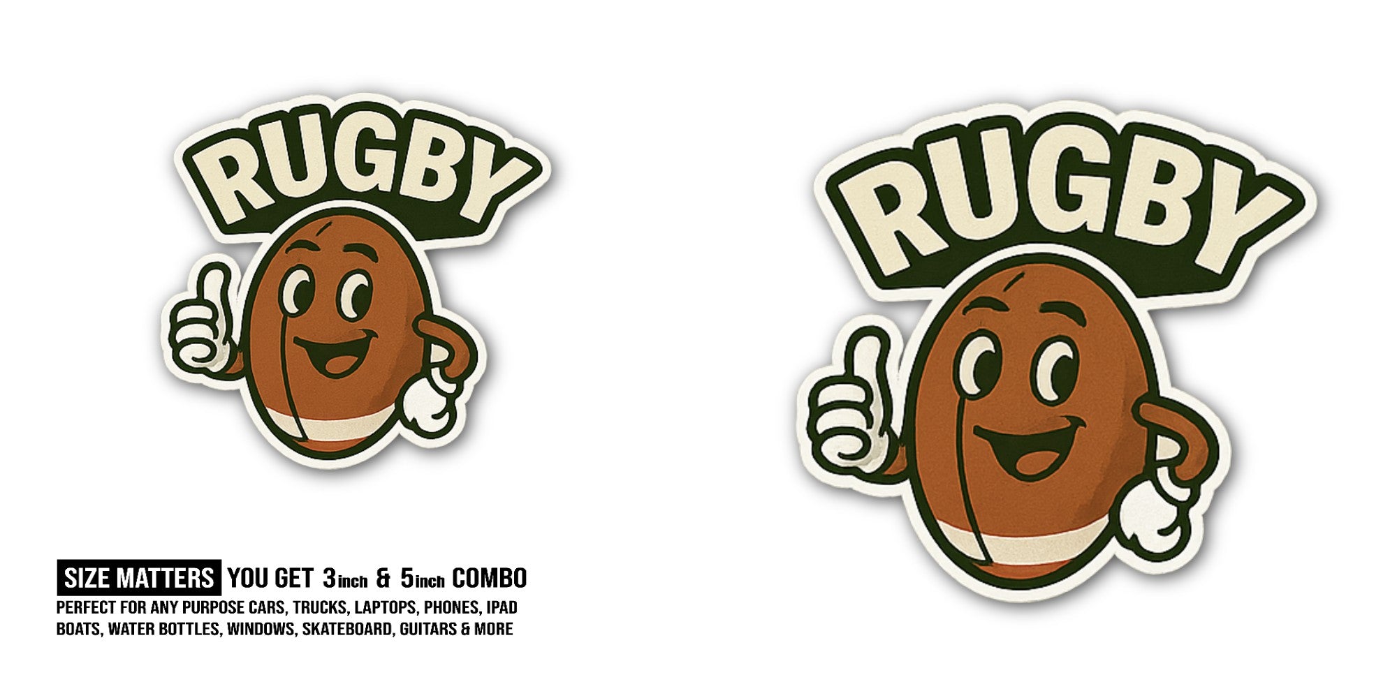Funny RUGBY Ball Sticker, Waterproof Vinyl Decal Sticker Indoor Or Outdoor 2 (Pieces) 3" and 5"