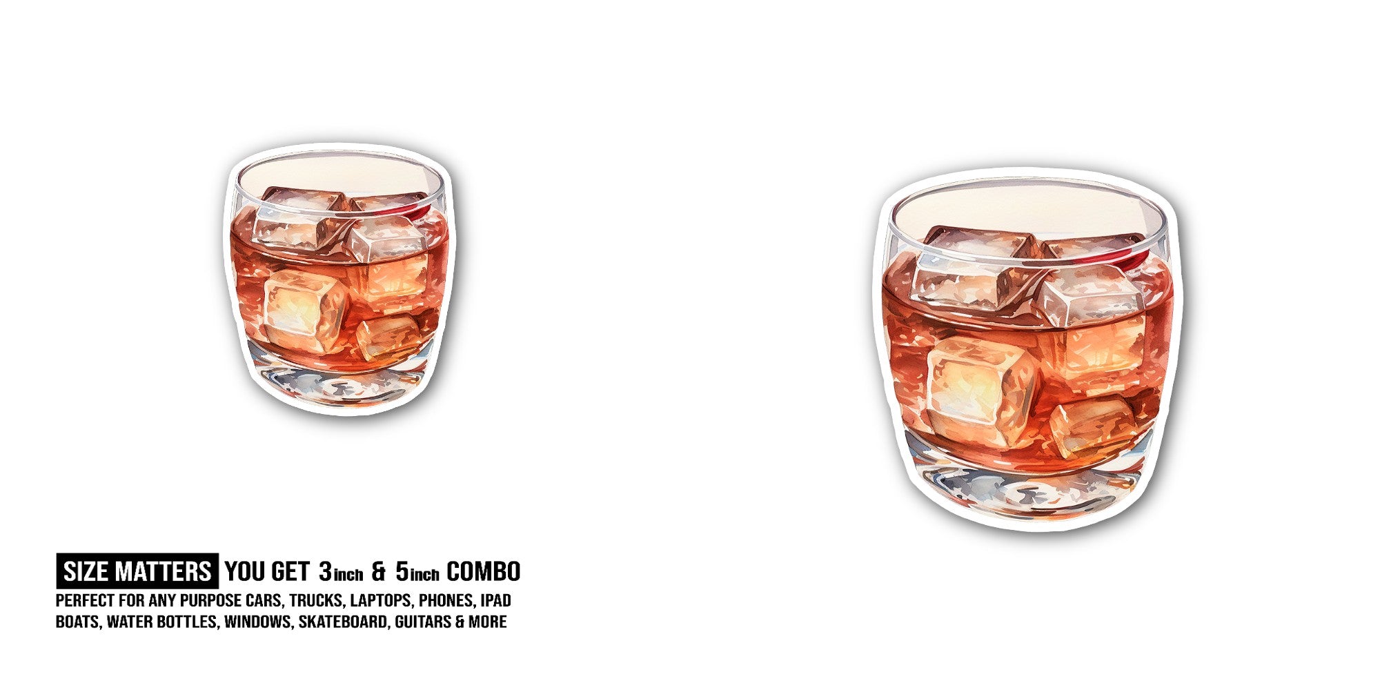 Whiskey Glass Sticker, Waterproof Vinyl Decal Sticker Indoor Or Outdoor 2 (Pieces) 3" and 5"