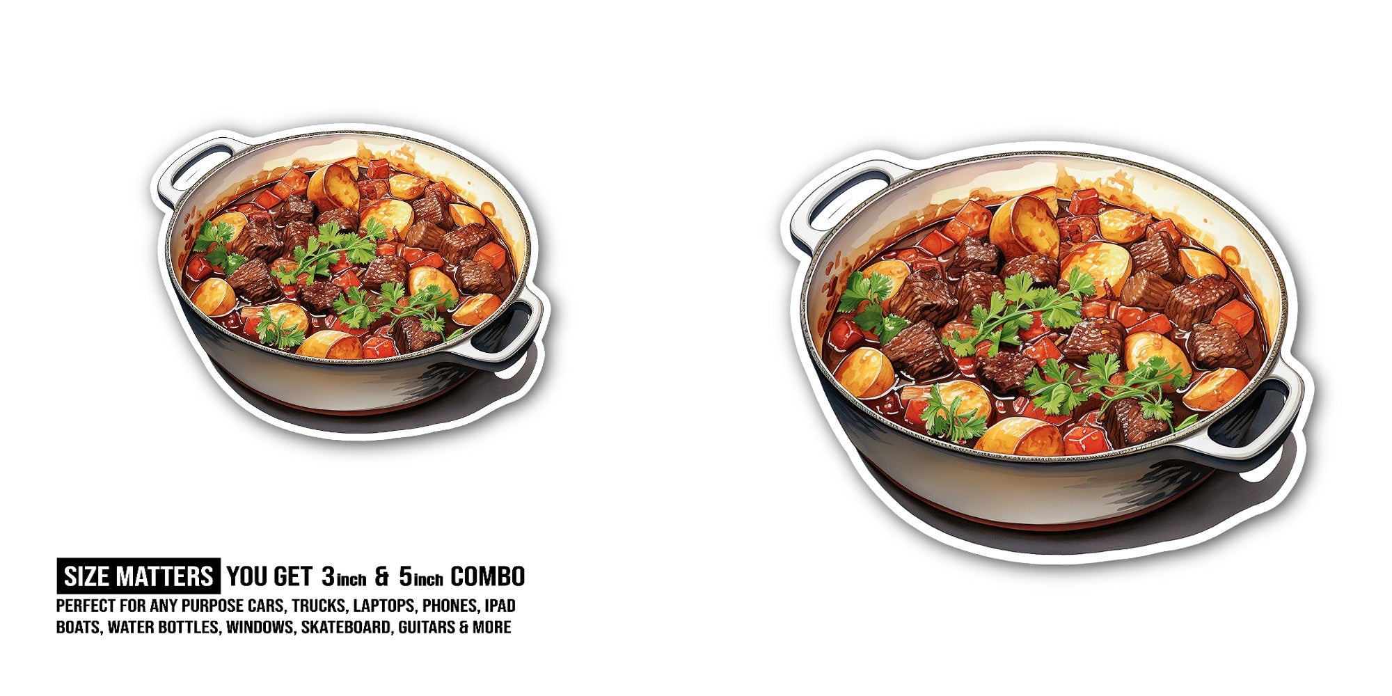 Beef Stew Sticker, Waterproof Vinyl Decal Sticker Indoor Or Outdoor 2 (Pieces) 3" and 5"