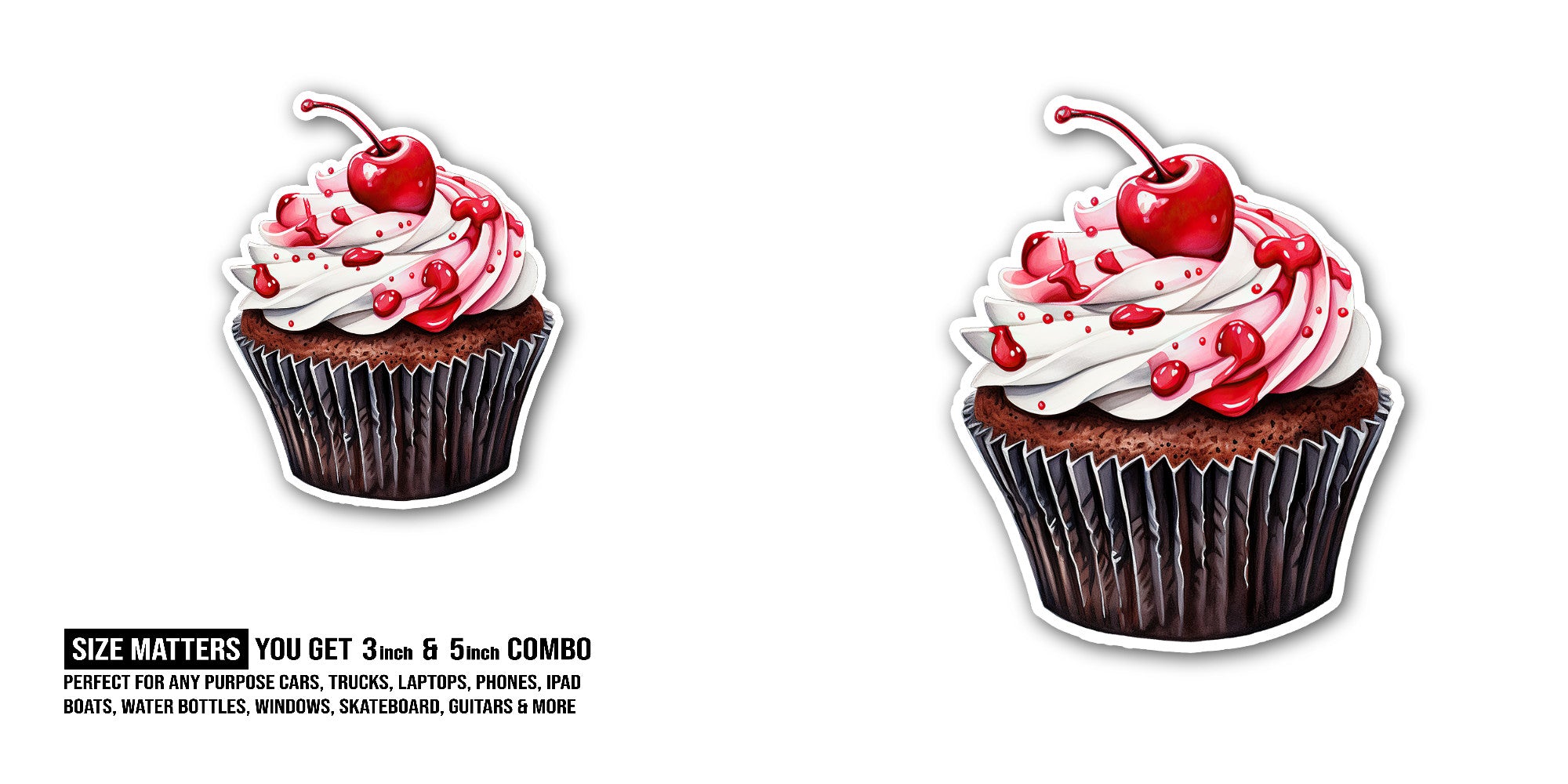 Red Black Cupcake Sticker, Waterproof Vinyl Decal Sticker Indoor Or Outdoor 2 (Pieces) 3" and 5"