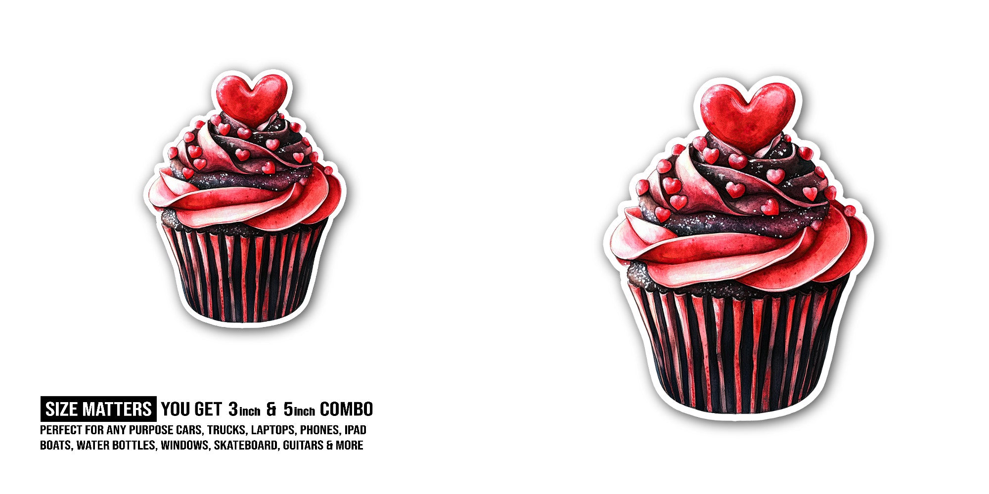 Red cupcake with heart Sticker, Waterproof Vinyl Decal Sticker Indoor Or Outdoor 2 (Pieces) 3" and 5"