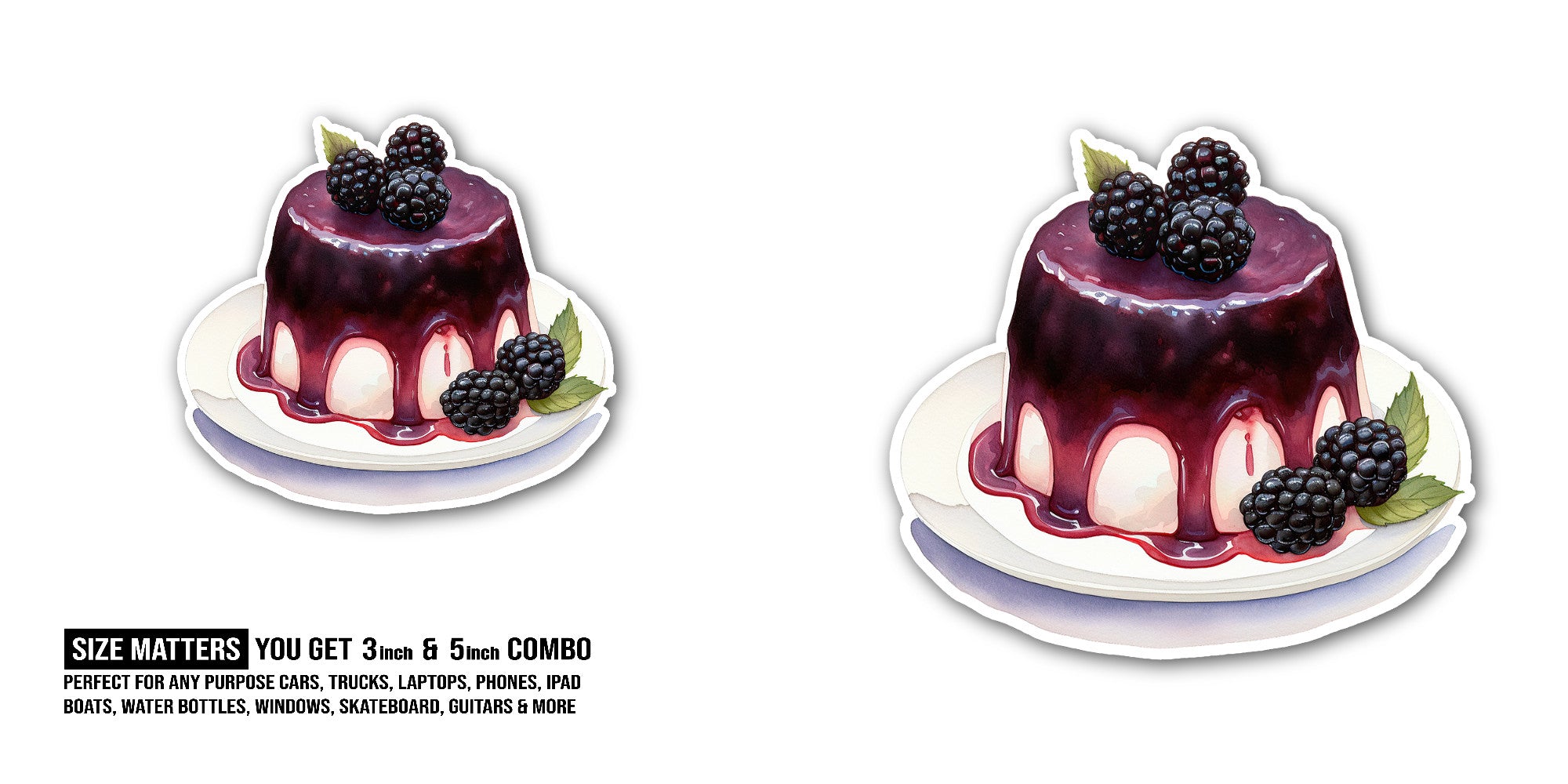 Blackberry panna cotta Sticker, Waterproof Vinyl Decal Sticker Indoor Or Outdoor 2 (Pieces) 3" and 5"