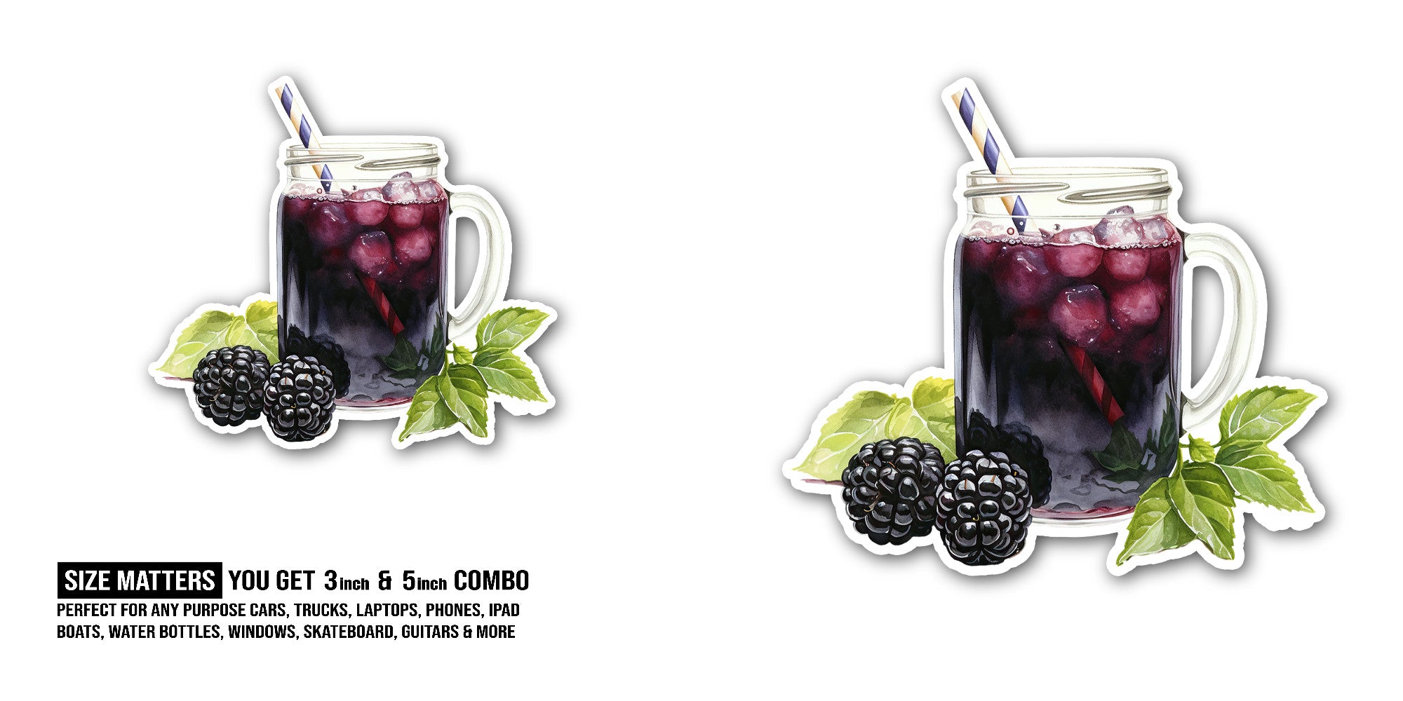 Blackberry Mocktail Sticker, Waterproof Vinyl Decal Sticker Indoor Or Outdoor 2 (Pieces) 3" and 5"