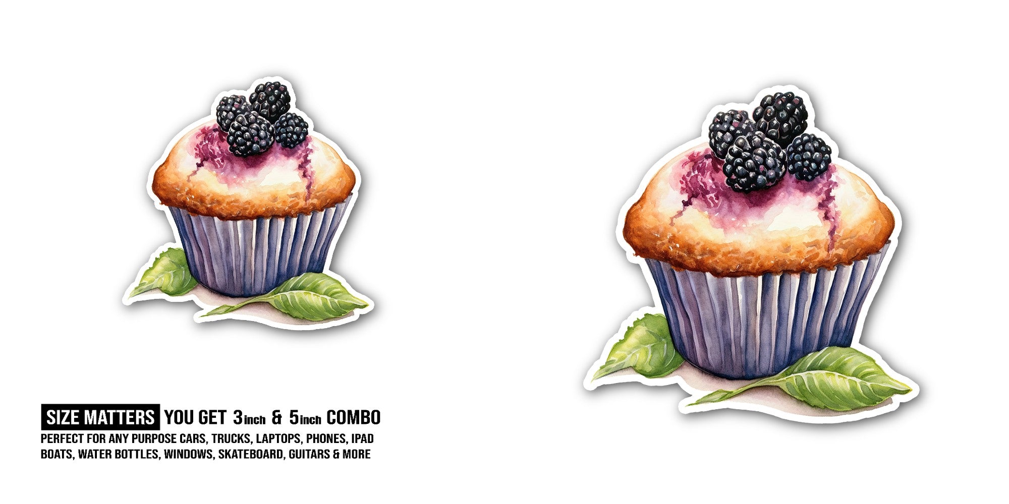 Blackberry Tasty Muffin Sticker, Waterproof Vinyl Decal Sticker Indoor Or Outdoor 2 (Pieces) 3" and 5"