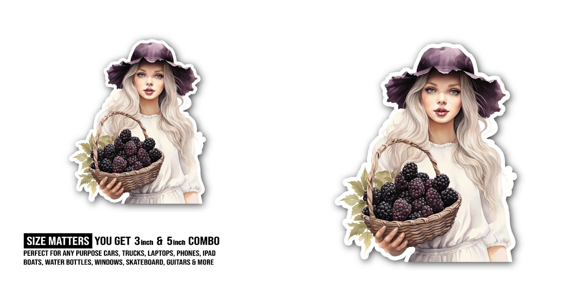 Blackberry Basket With Cute Girl Sticker, Waterproof Vinyl Decal Sticker Indoor Or Outdoor 2 (Pieces) 3" and 5"