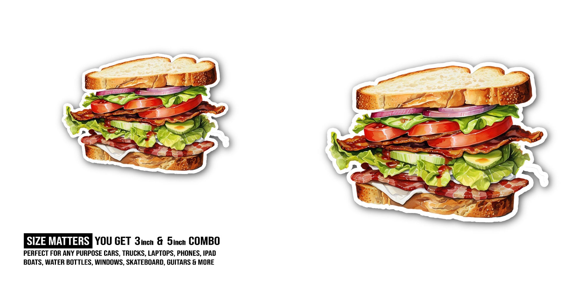 Sandwich with ham Sticker, Waterproof Vinyl Decal Sticker Indoor Or Outdoor 2 (Pieces) 3" and 5"