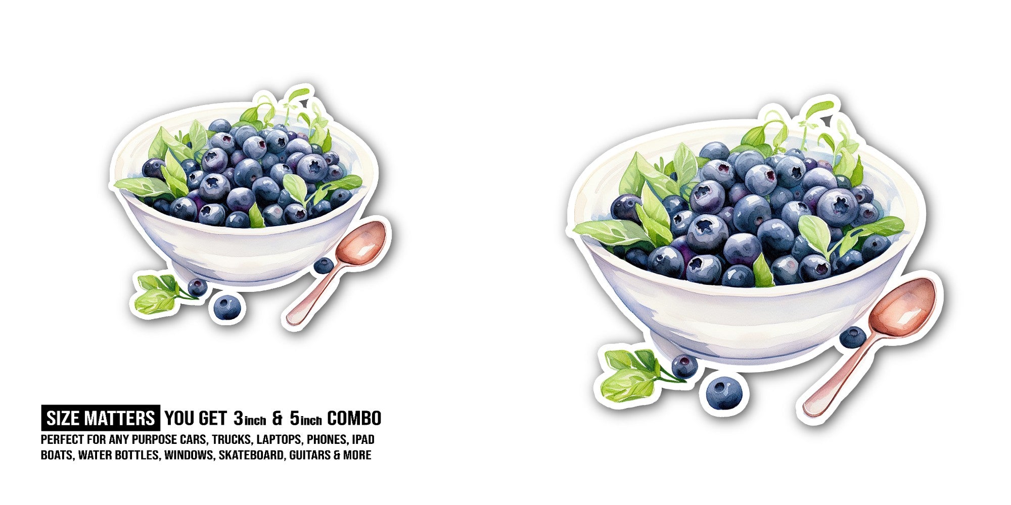 Blueberry With Bowl Sticker, Waterproof Vinyl Decal Sticker Indoor Or Outdoor 2 (Pieces) 3" and 5"