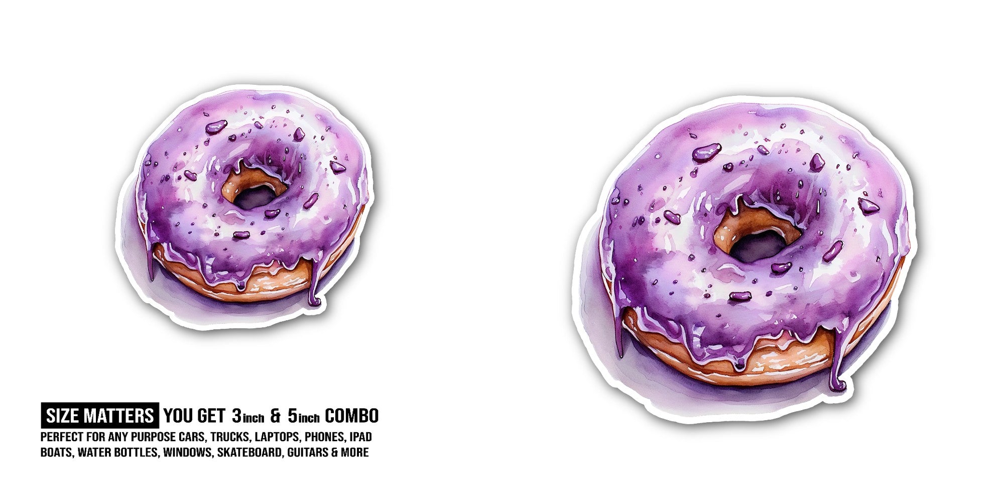 Purple Colour Doughnut Sticker, Waterproof Vinyl Decal Sticker Indoor Or Outdoor 2 (Pieces) 3" and 5"