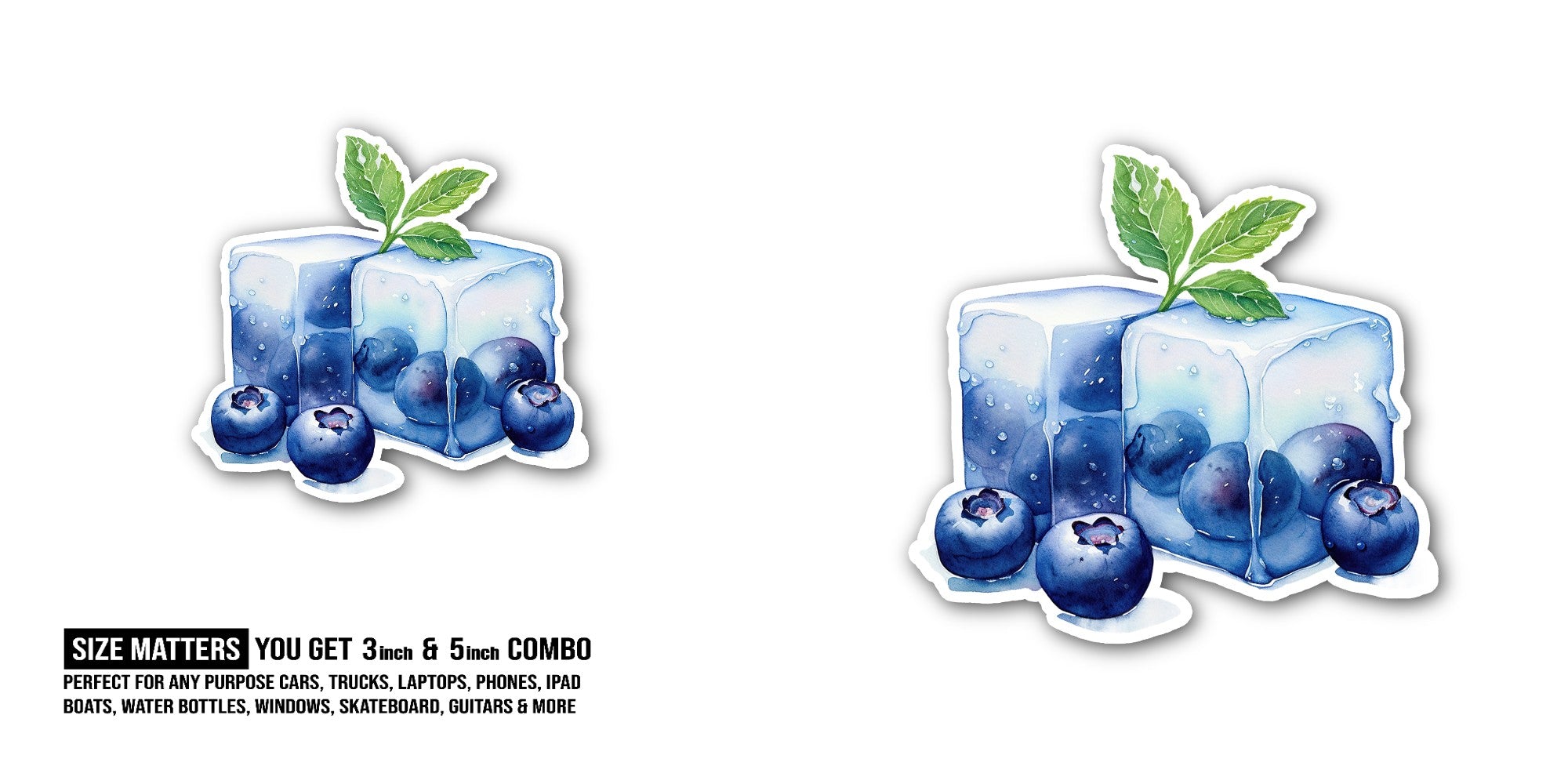 Blueberry Cute ice cube Sticker, Waterproof Vinyl Decal Sticker Indoor Or Outdoor 2 (Pieces) 3" and 5"