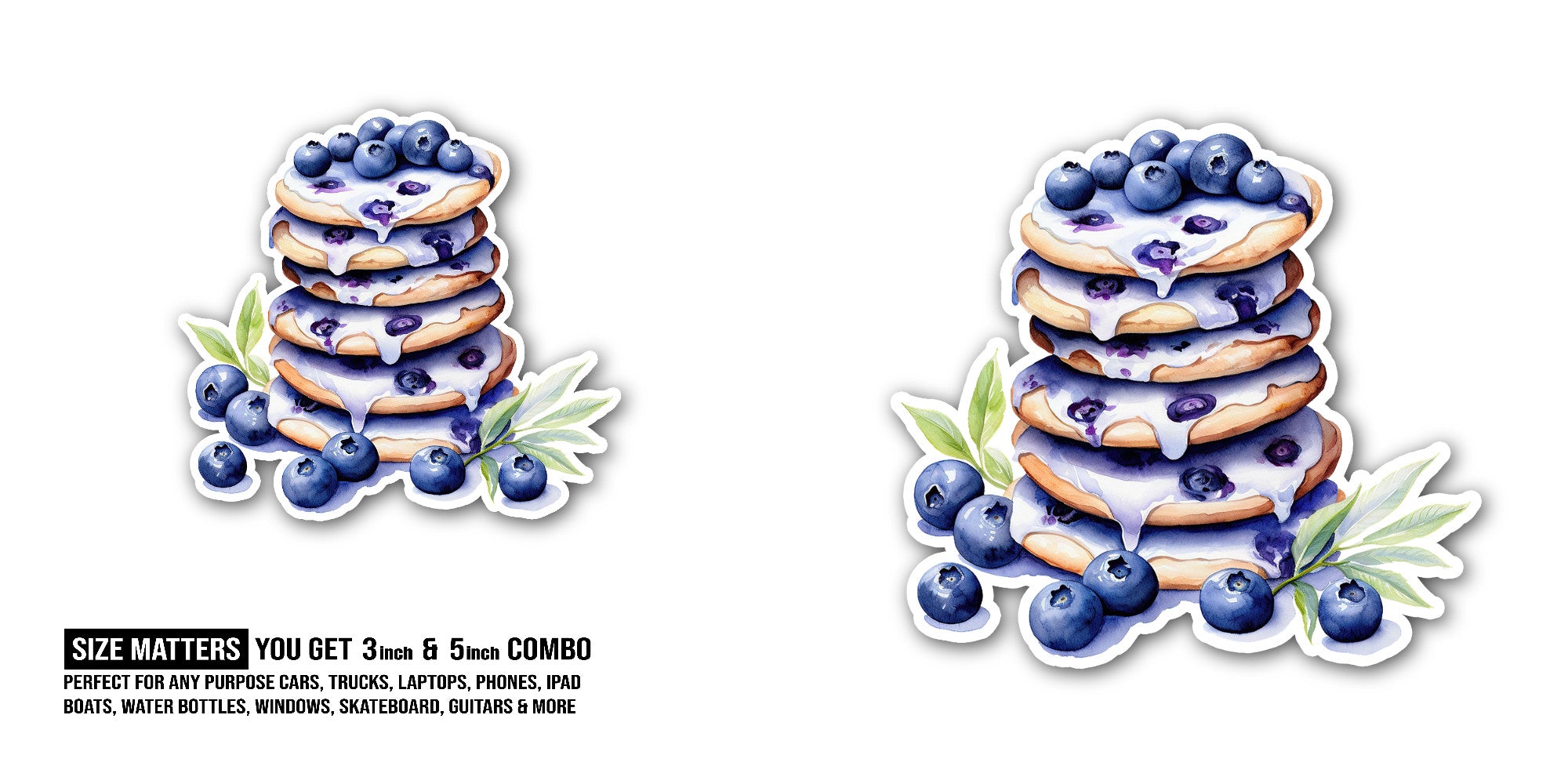 Tasty Blueberry Pancakes Sticker, Waterproof Vinyl Decal Sticker Indoor Or Outdoor 2 (Pieces) 3" and 5"