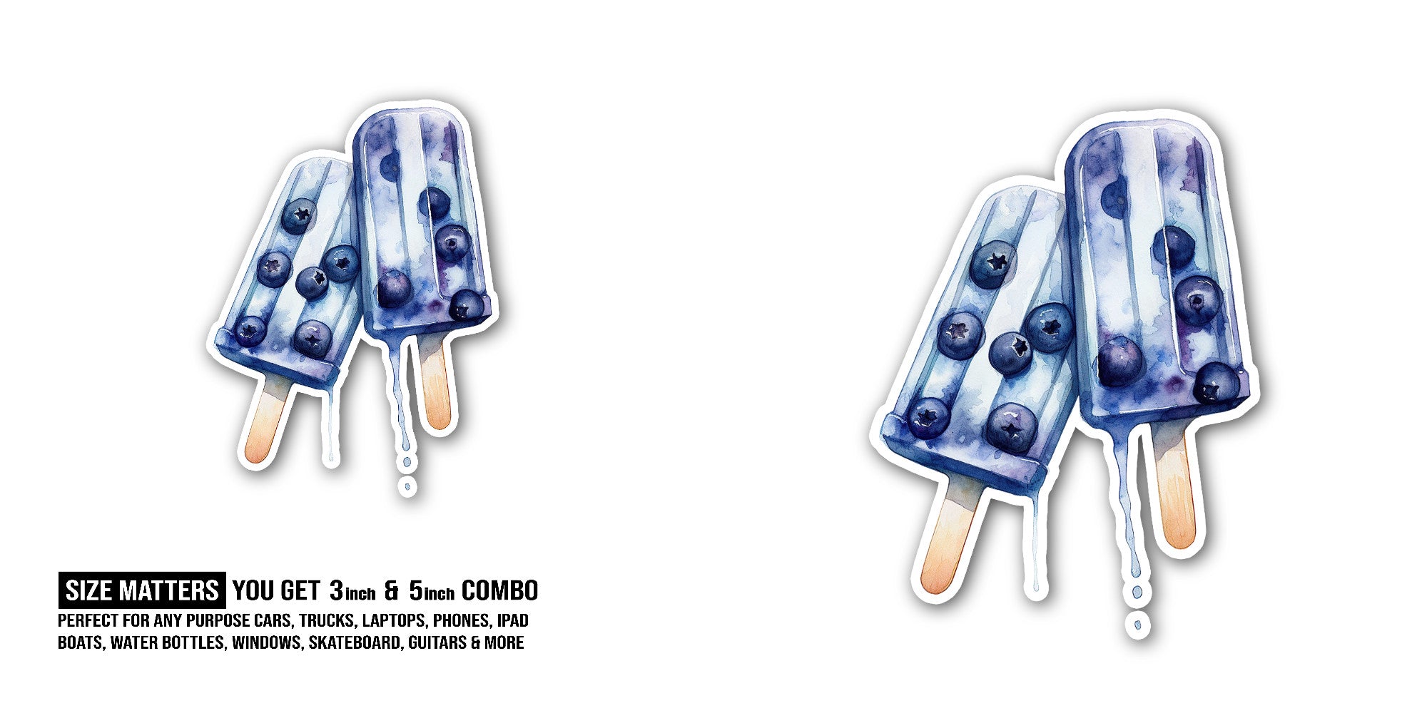 Blueberry Popsicles Sticker, Waterproof Vinyl Decal Sticker Indoor Or Outdoor 2 (Pieces) 3" and 5"