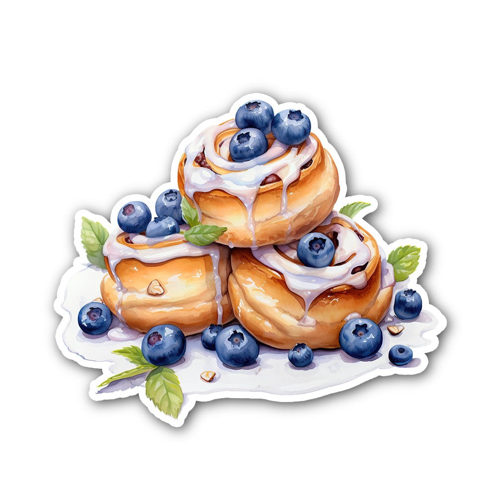 cinnamon rolls topped with blueberries Sticker, Waterproof Vinyl Decal Sticker Indoor Or Outdoor 2 (Pieces) 3" and 5"