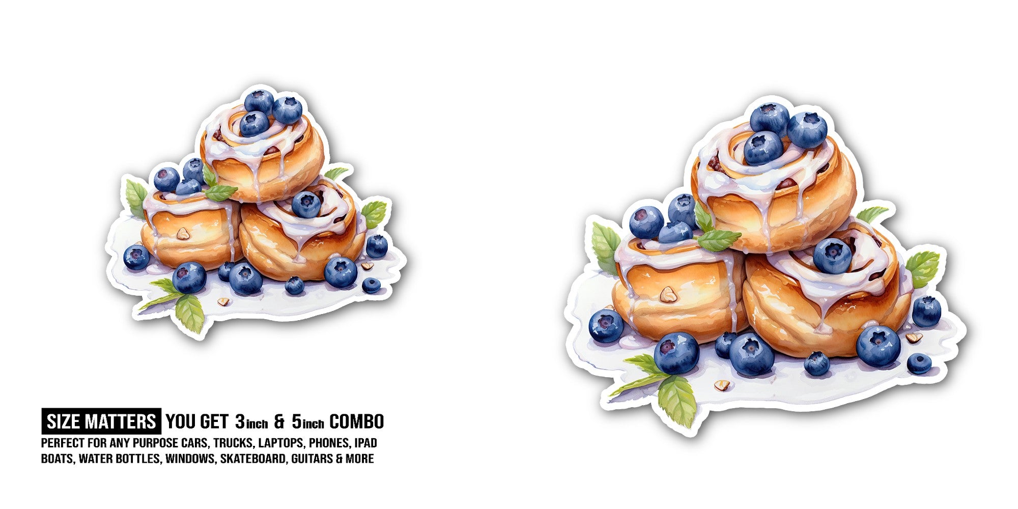 cinnamon rolls topped with blueberries Sticker, Waterproof Vinyl Decal Sticker Indoor Or Outdoor 2 (Pieces) 3" and 5"
