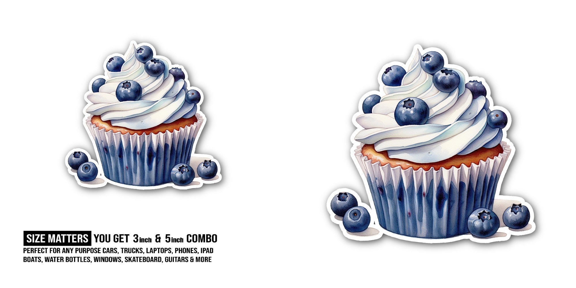 Blueberry cupcake Sticker, Waterproof Vinyl Decal Sticker Indoor Or Outdoor 2 (Pieces) 3" and 5"