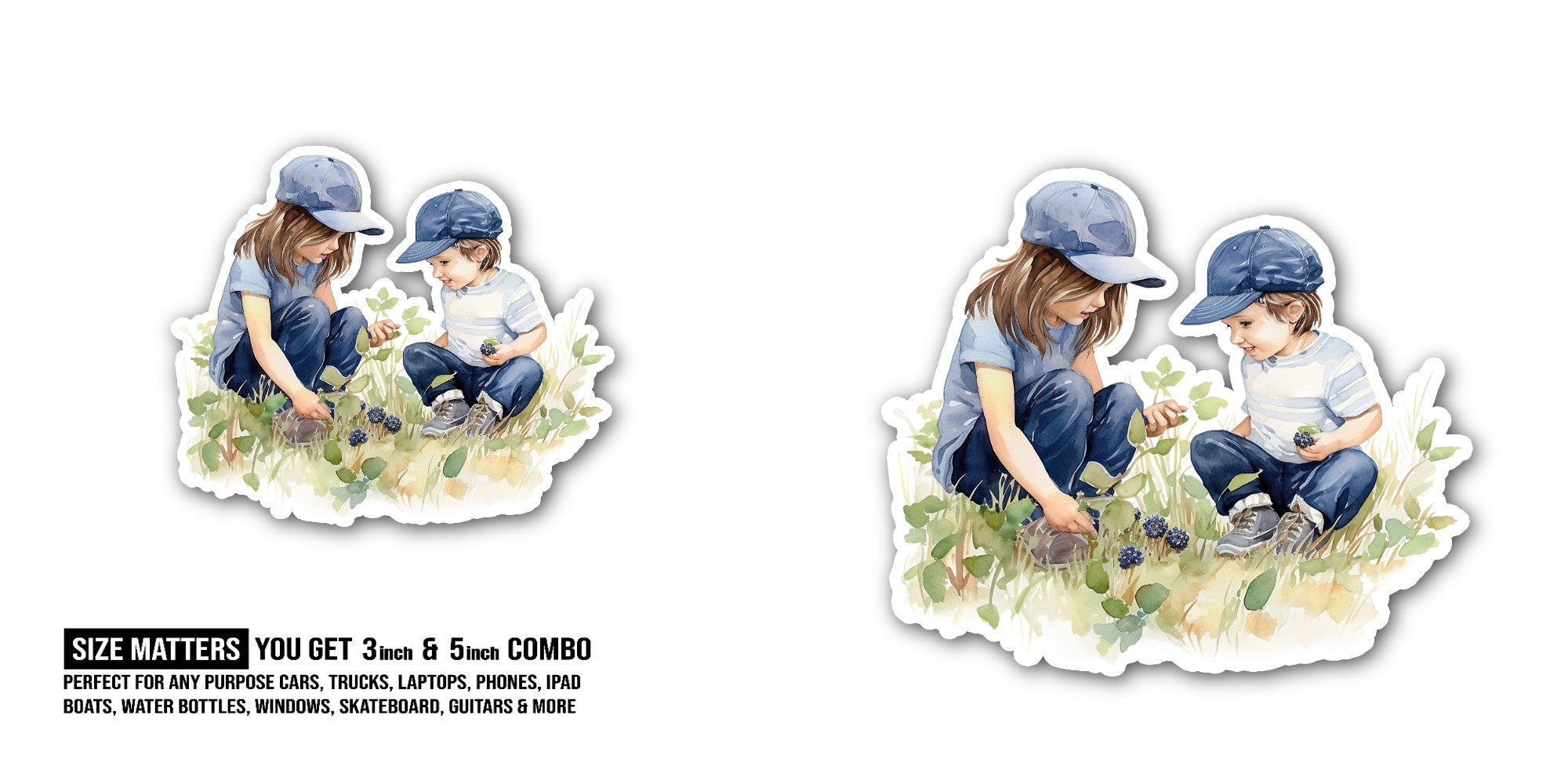 Berry Picking Children Sticker, Waterproof Vinyl Decal Sticker Indoor Or Outdoor 2 (Pieces) 3" and 5"