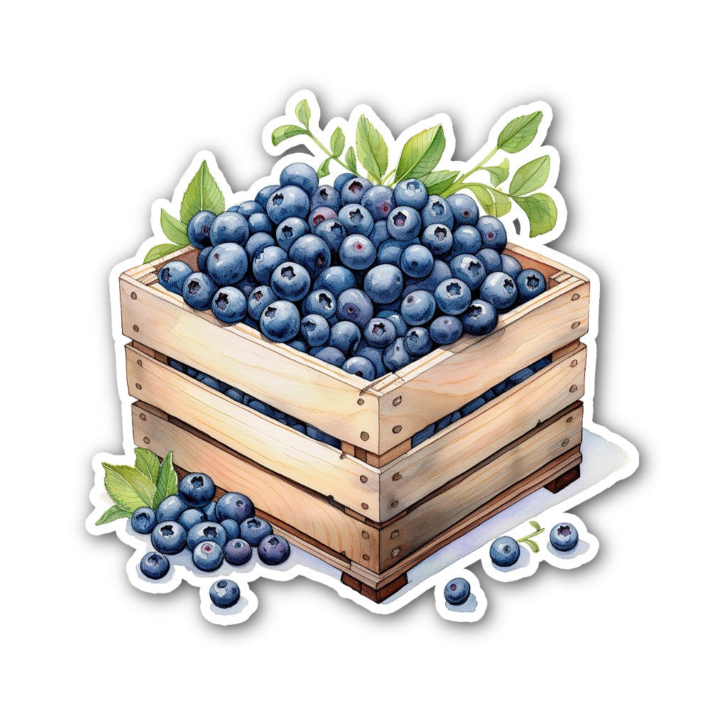 crate filled with blueberries Sticker, Waterproof Vinyl Decal Sticker Indoor Or Outdoor 2 (Pieces) 3" and 5"